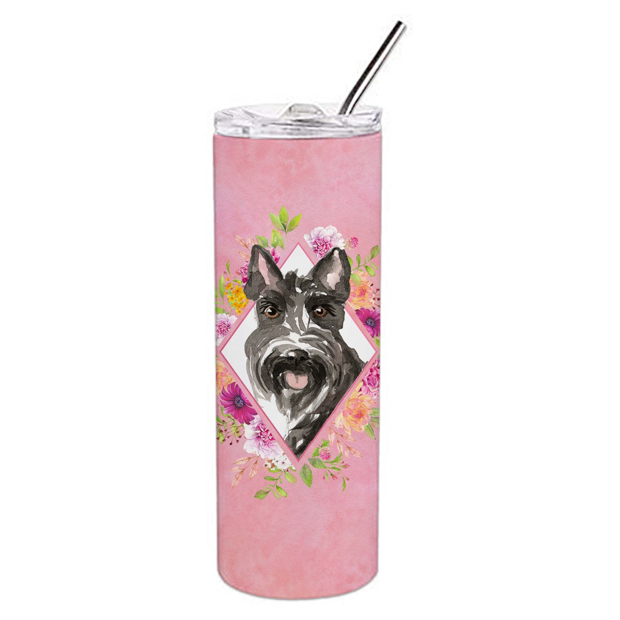 Caroline'S Treasures Scottish Terrier Pink Flowers Double Walled Stainless Steel 20 Oz Skinny Travel-Insulated-Tumblers, Multi