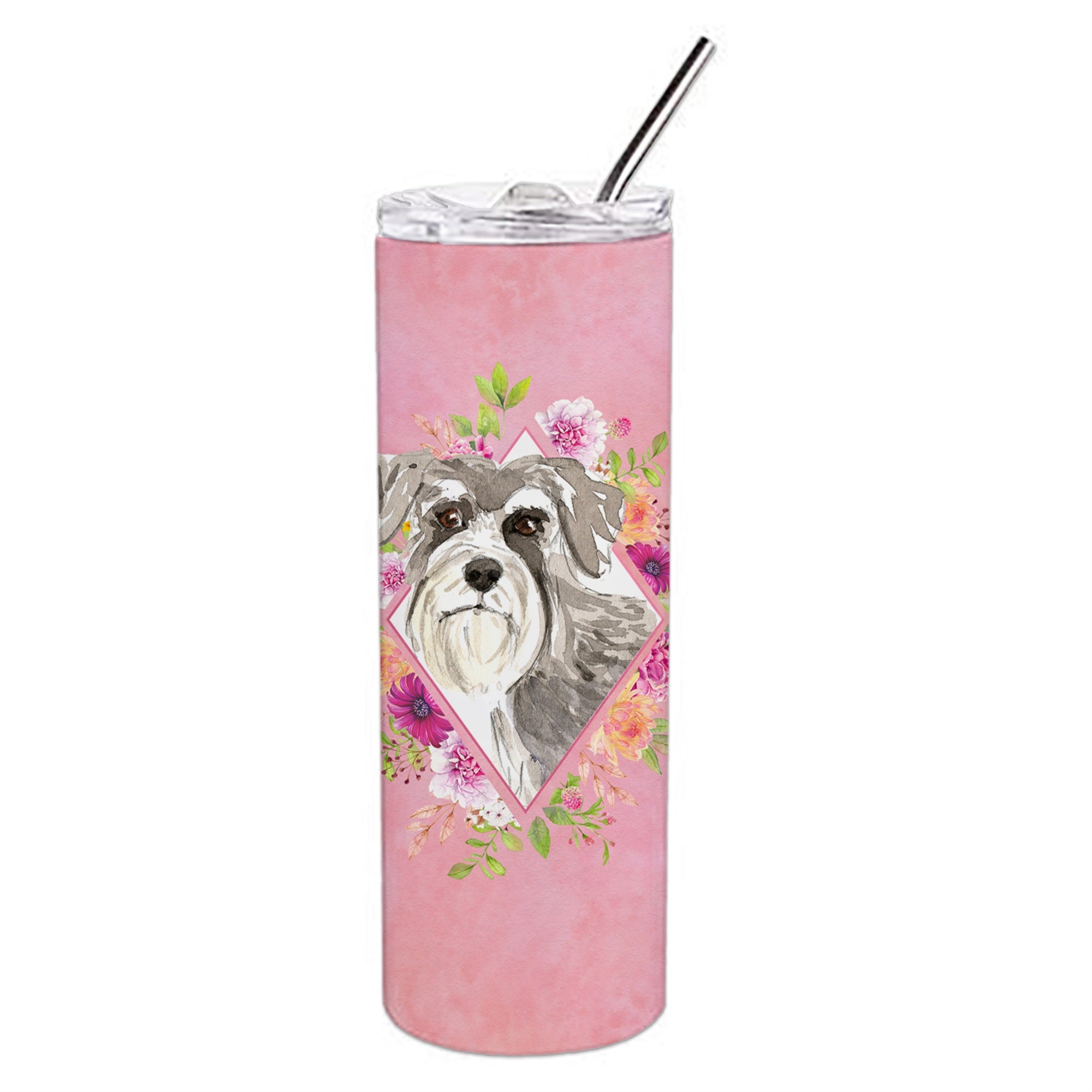 Caroline'S Treasures Schnauzer #1 Pink Flowers Double Walled Stainless Steel 20 Oz Skinny Travel-Insulated-Tumblers, Multicolo
