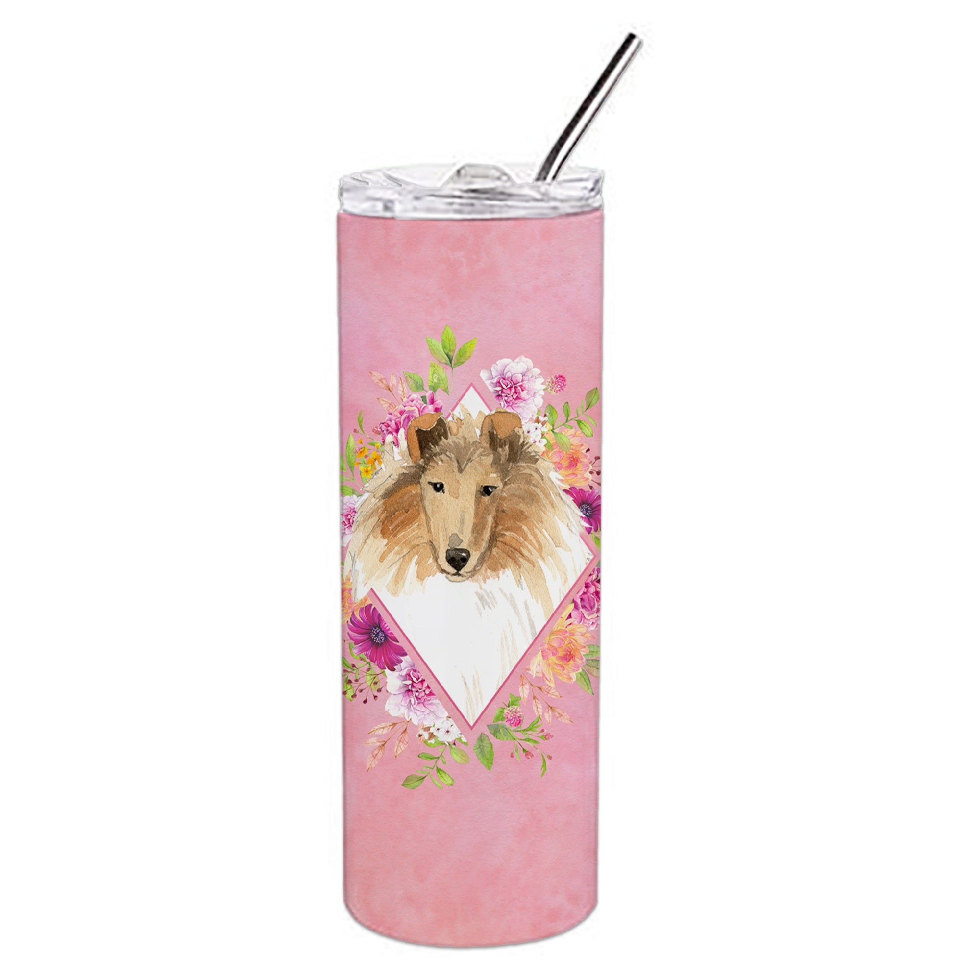 Caroline'S Treasures Collie Pink Flowers Double Walled Stainless Steel 20 Oz Skinny Travel-Insulated-Tumblers, Multicolor