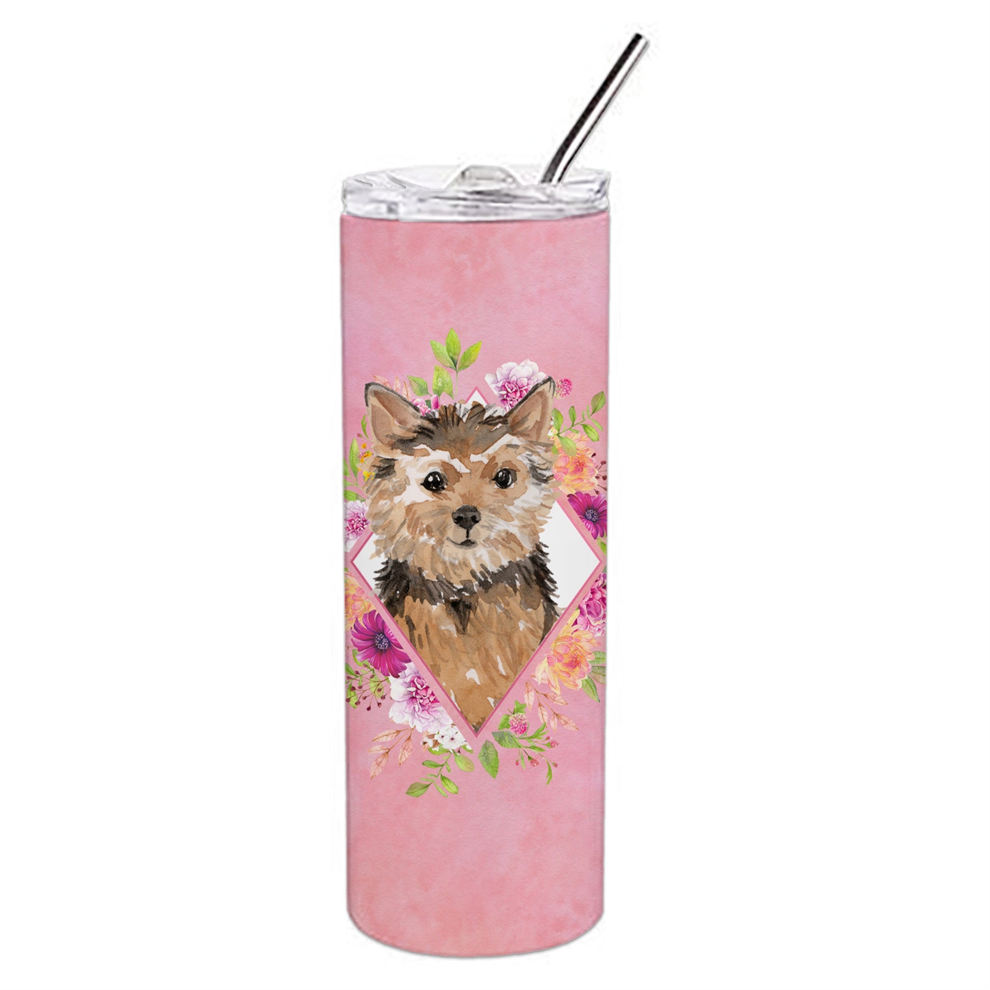 Caroline'S Treasures Norwich Terrier Pink Flowers Double Walled Stainless Steel 20 Oz Skinny Travel-Insulated-Tumblers, Multic