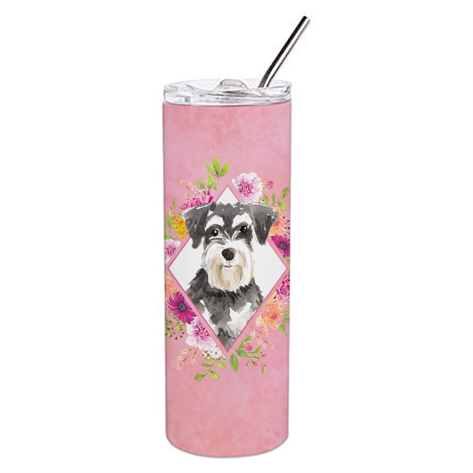 Caroline'S Treasures Schnauzer #2 Pink Flowers Double Walled Stainless Steel 20 Oz Skinny Travel-Insulated-Tumblers, Multicolo