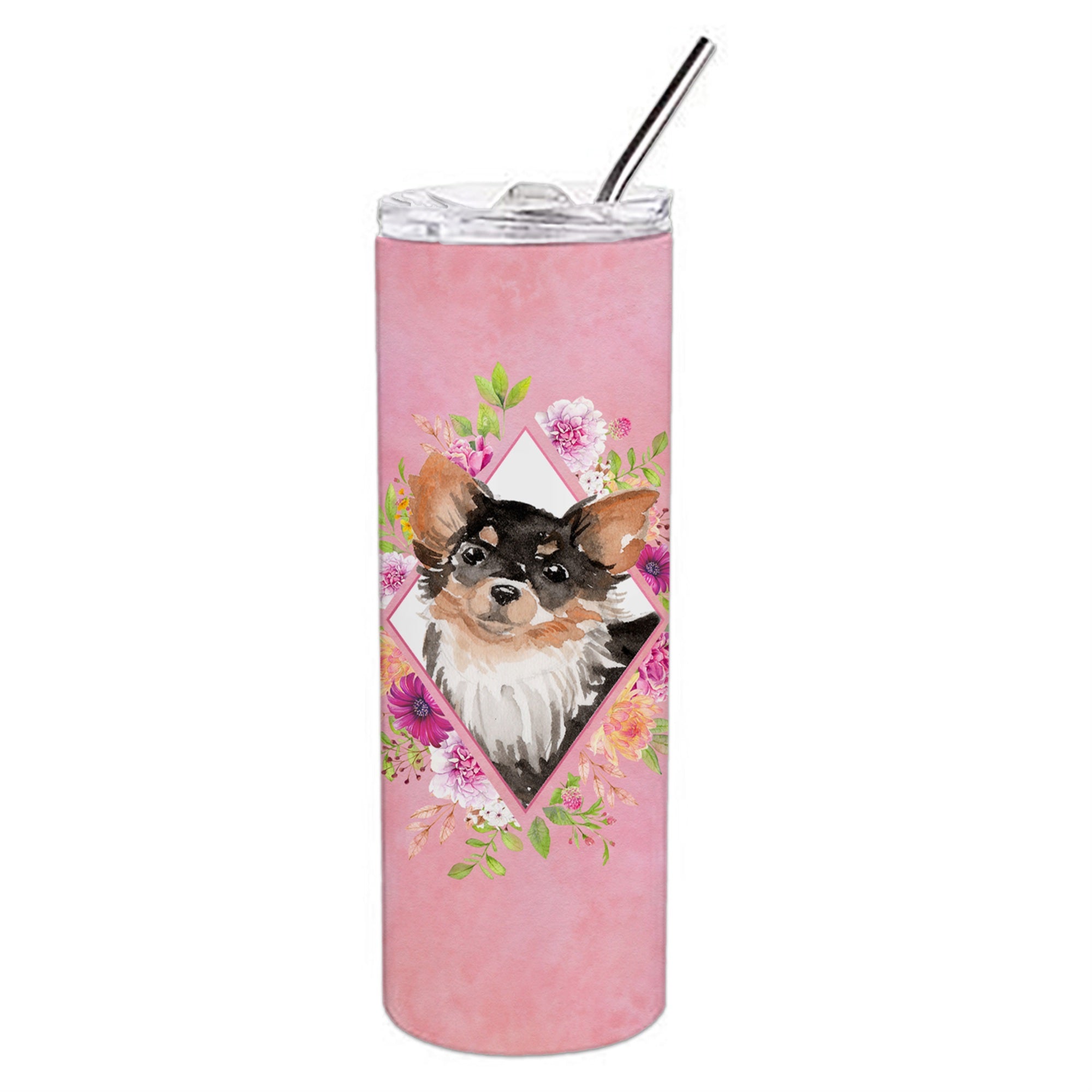 Caroline'S Treasures Longhaired Chihuahua Pink Flowers Double Walled Stainless Steel 20 Oz Skinny Travel-Insulated-Tumblers, M