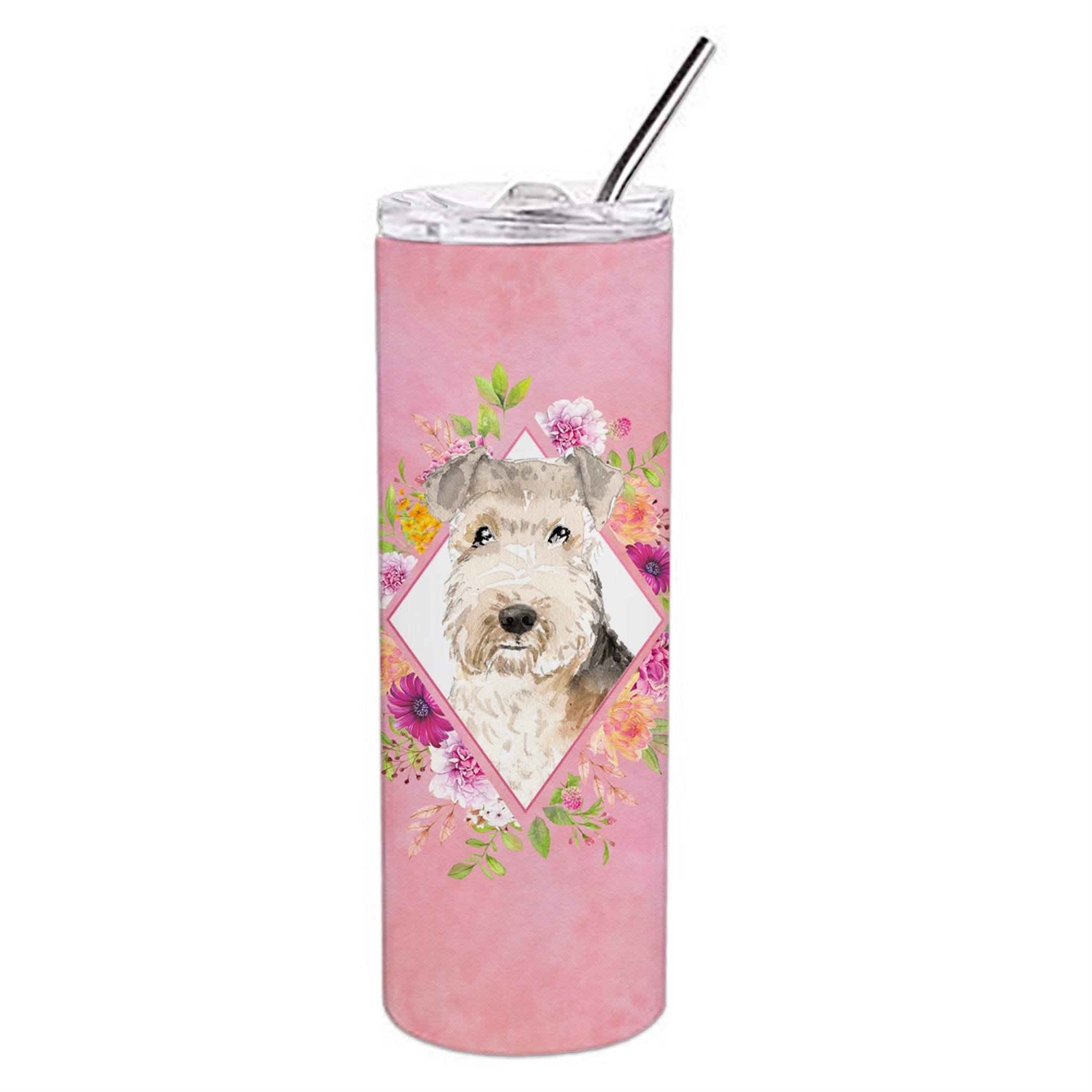 Caroline'S Treasures Lakeland Terrier Pink Flowers Double Walled Stainless Steel 20 Oz Skinny Travel-Insulated-Tumblers, Multi