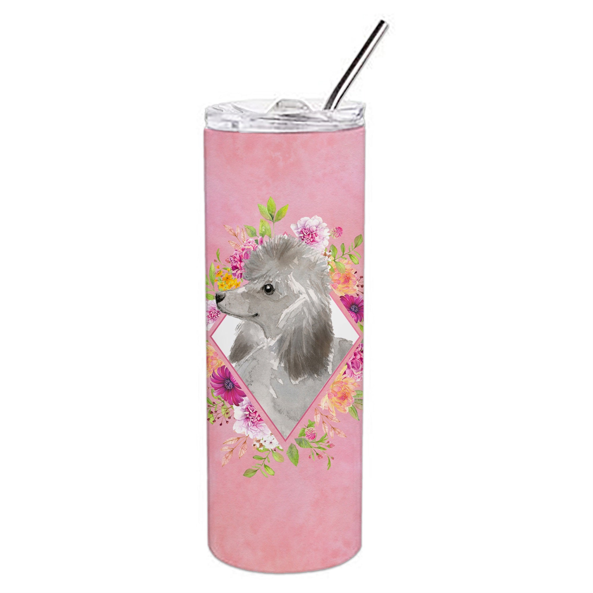 Caroline'S Treasures Grey Standard Poodle Pink Flowers Double Walled Stainless Steel 20 Oz Skinny Travel-Insulated-Tumblers, M