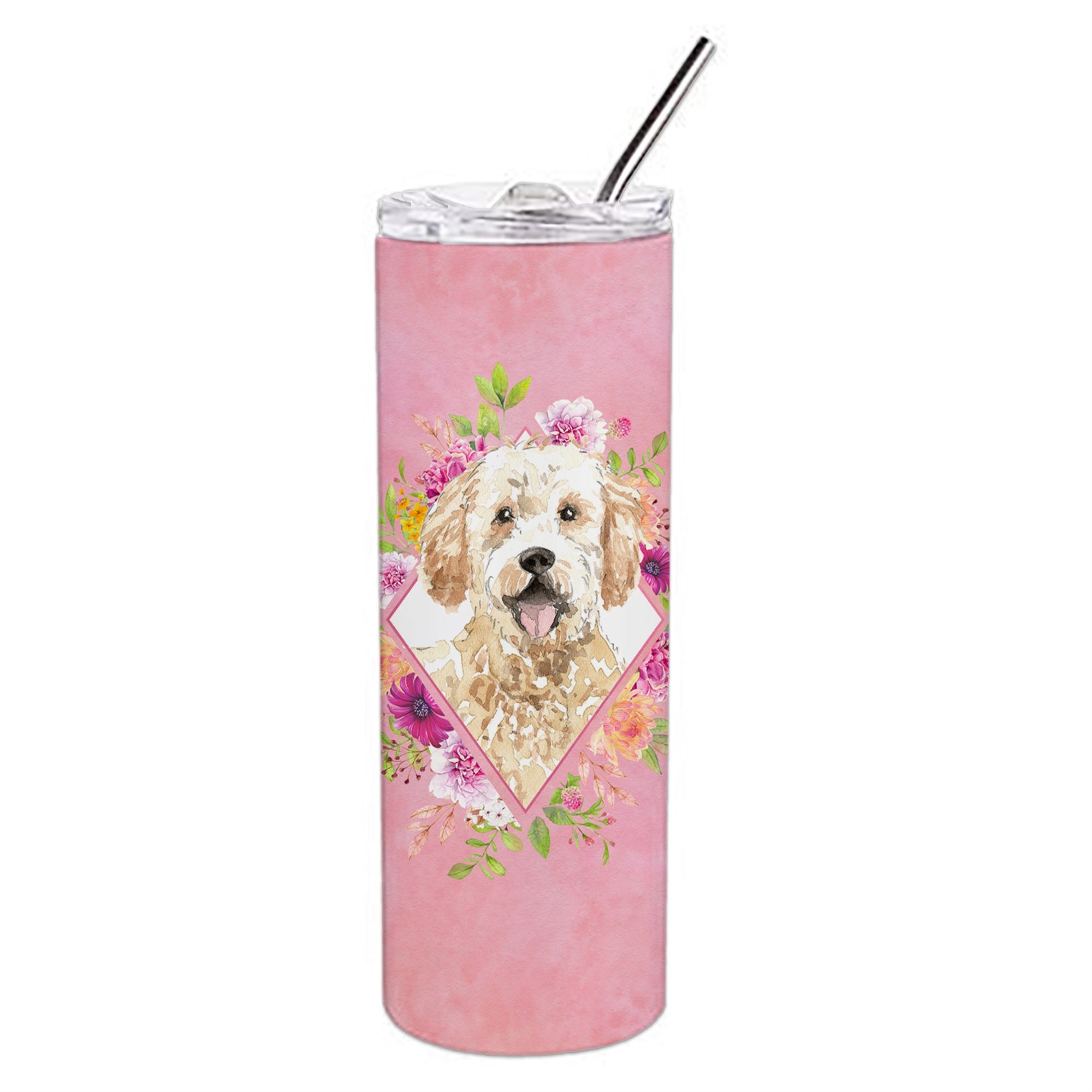 Caroline'S Treasures Goldendoodle Pink Flowers Double Walled Stainless Steel 20 Oz Skinny Travel-Insulated-Tumblers, Multicolo