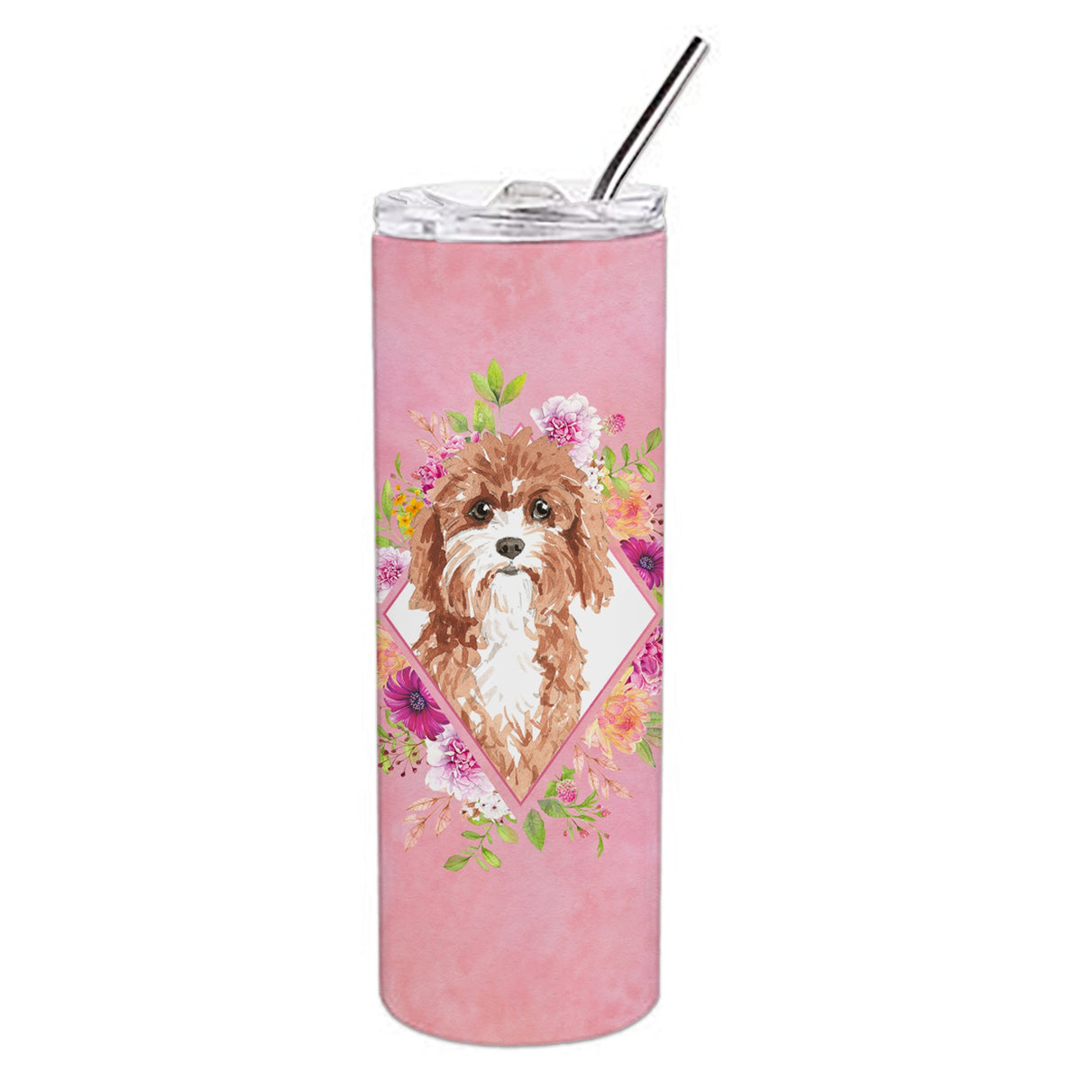 Caroline'S Treasures Cavapoo Pink Flowers Double Walled Stainless Steel 20 Oz Skinny Travel-Insulated-Tumblers, Multicolor