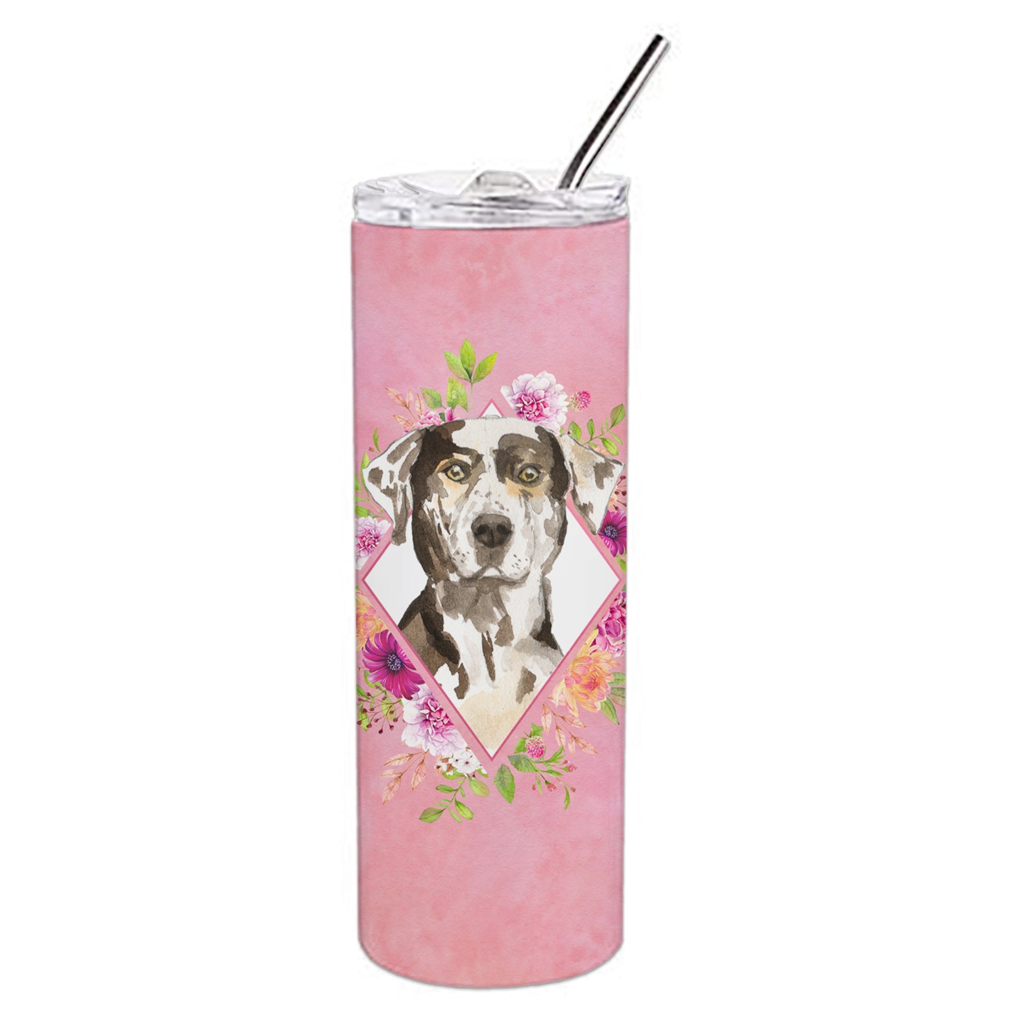 Caroline'S Treasures Catahoula Leopard Dog Pink Flowers Stainless Steel 20 Oz Skinny Travel-Insulated-Tumblers, Multicolor