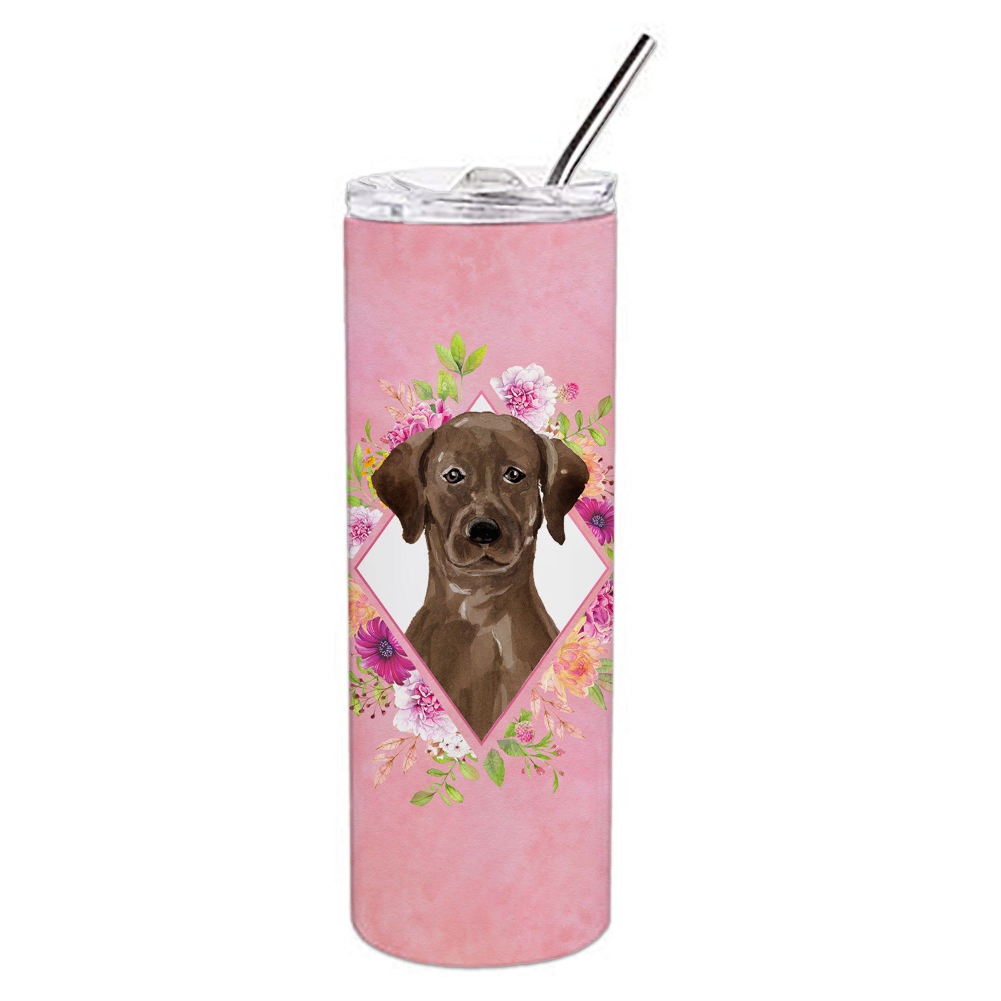 Caroline'S Treasures Chocolate Labrador Pink Flowers Double Walled Stainless Steel 20 Oz Skinny Travel-Insulated-Tumblers, Mul