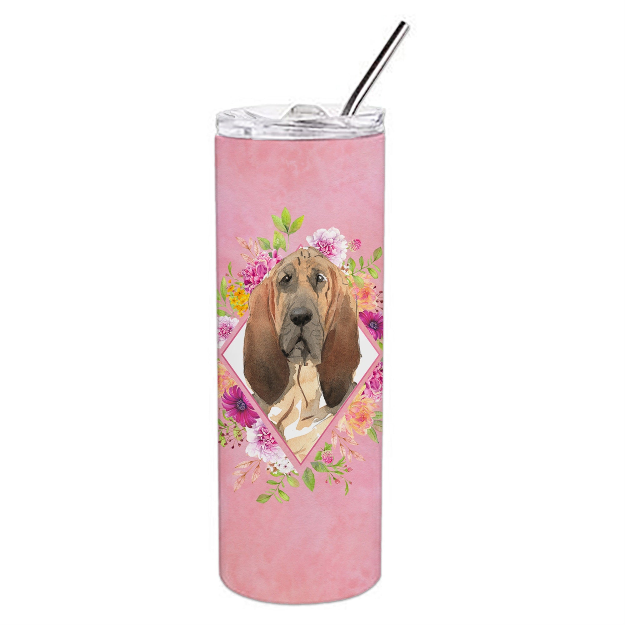 Caroline'S Treasures Bloodhound Pink Flowers Double Walled Stainless Steel 20 Oz Skinny Travel-Insulated-Tumblers, Multicolor,