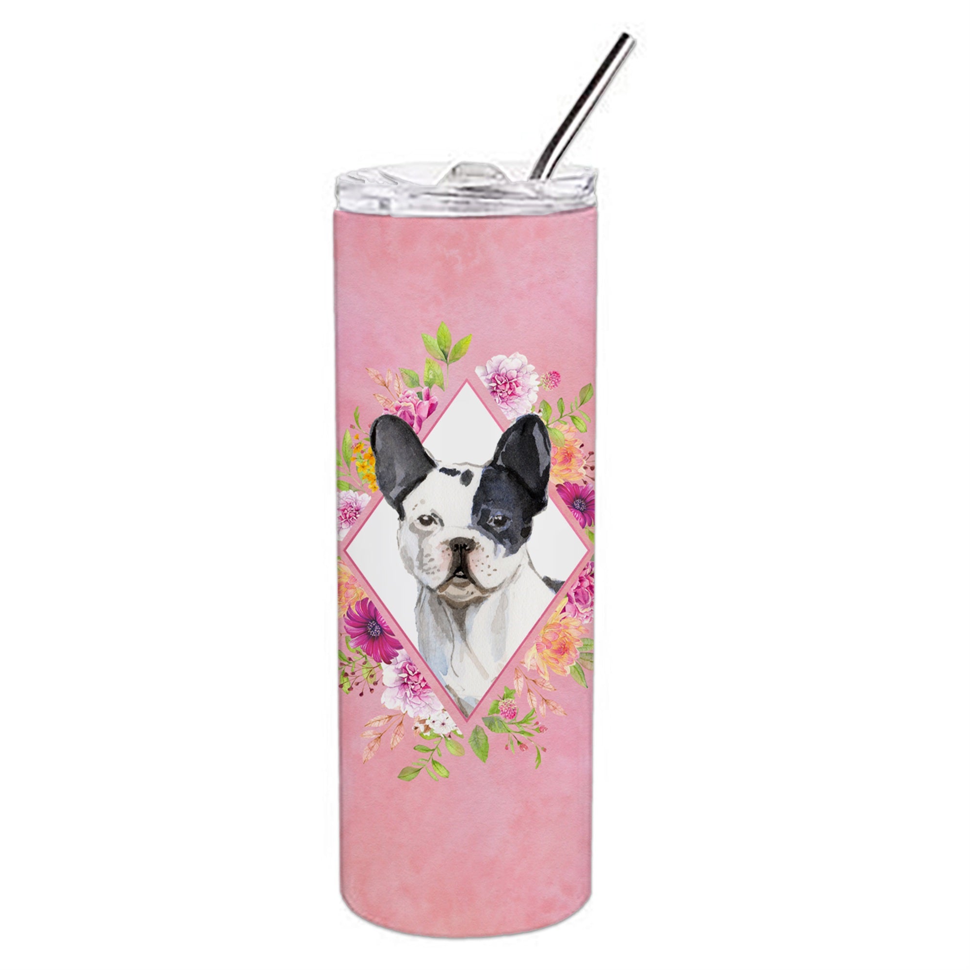 Caroline'S Treasures Black And White Frenchie Pink Flowers Stainless Steel 20 Oz Skinny Travel-Insulated-Tumblers, Multicolor,