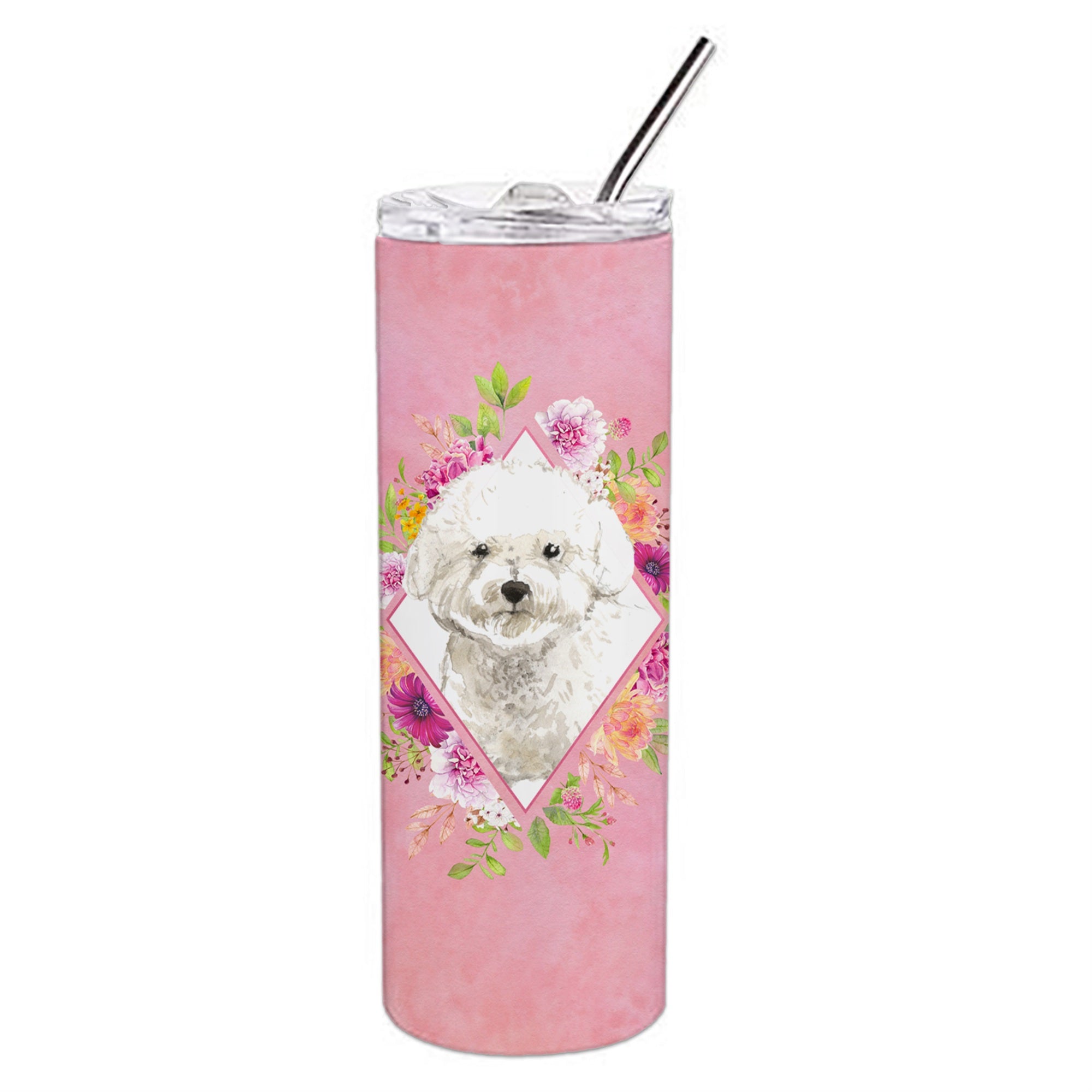 Caroline'S Treasures Bichon Frise Pink Flowers Double Walled Stainless Steel 20 Oz Skinny Travel-Insulated-Tumblers, Multicolo