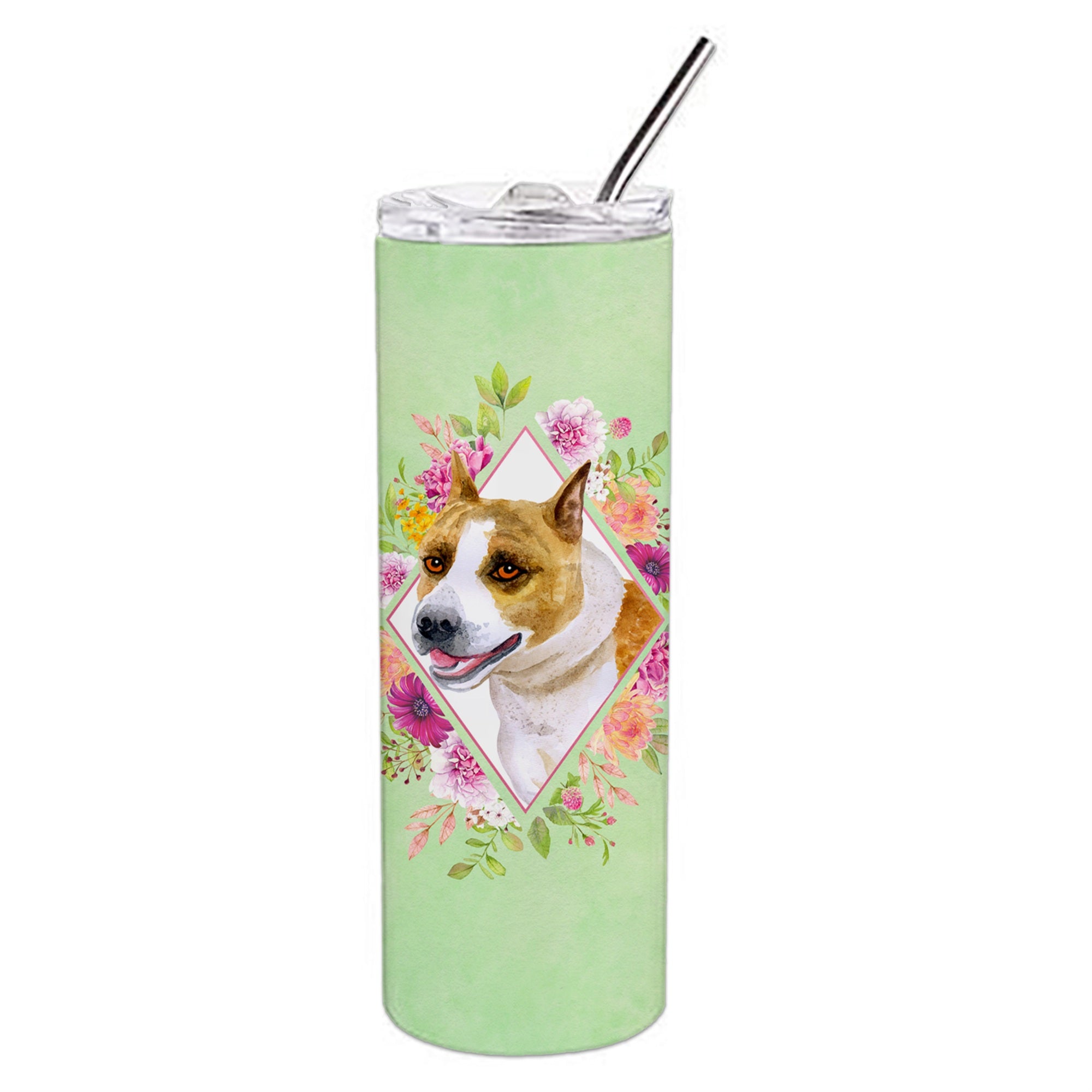 Caroline'S Treasures Bull Terrier Green Flowers Double Walled Stainless Steel 20 Oz Skinny Travel-Insulated-Tumblers, Multicol