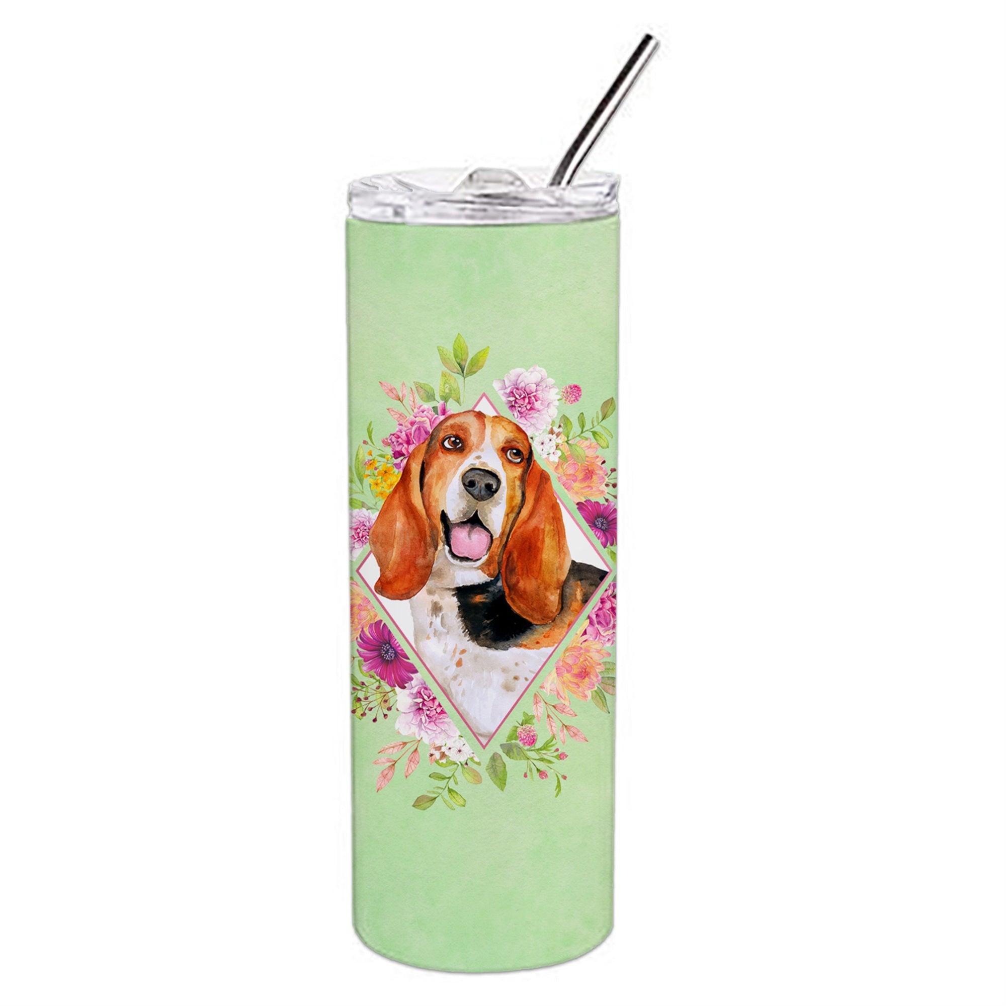 Caroline'S Treasures Basset Hound Green Flowers Double Walled Stainless Steel 20 Oz Skinny Travel-Insulated-Tumblers, Multicol