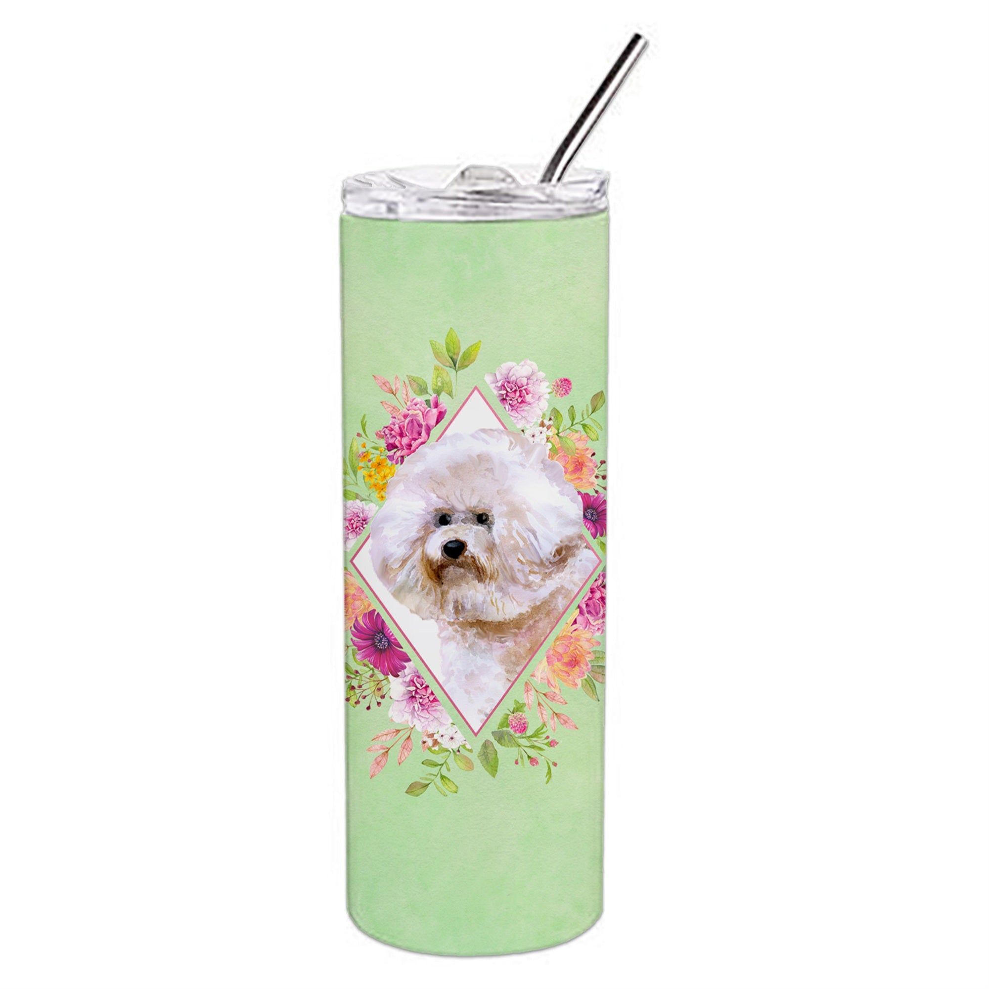Caroline'S Treasures Bichon Fris #1 Green Flowers Double Walled Stainless Steel 20 Oz Skinny Travel-Insulated-Tumblers, Multic