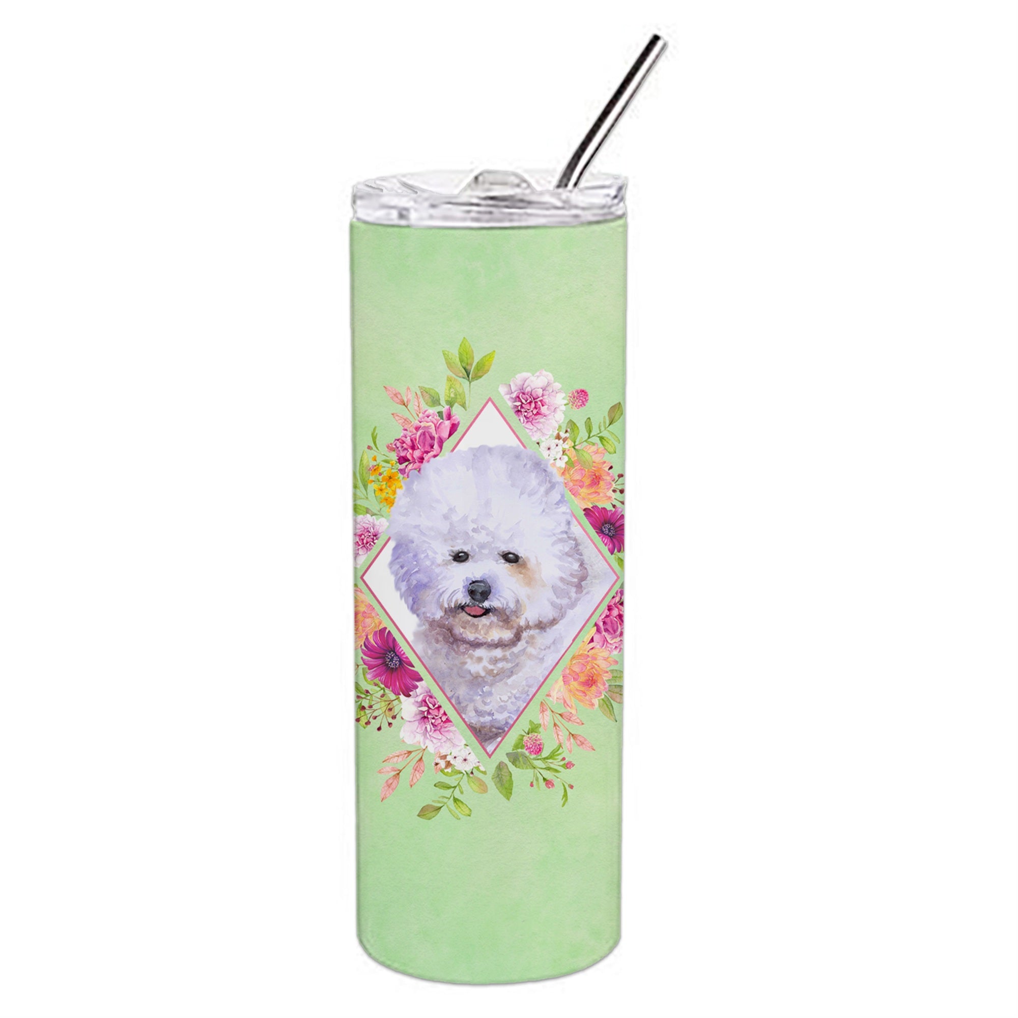 Caroline'S Treasures Bichon Fris #2 Green Flowers Double Walled Stainless Steel 20 Oz Skinny Travel-Insulated-Tumblers, Multic