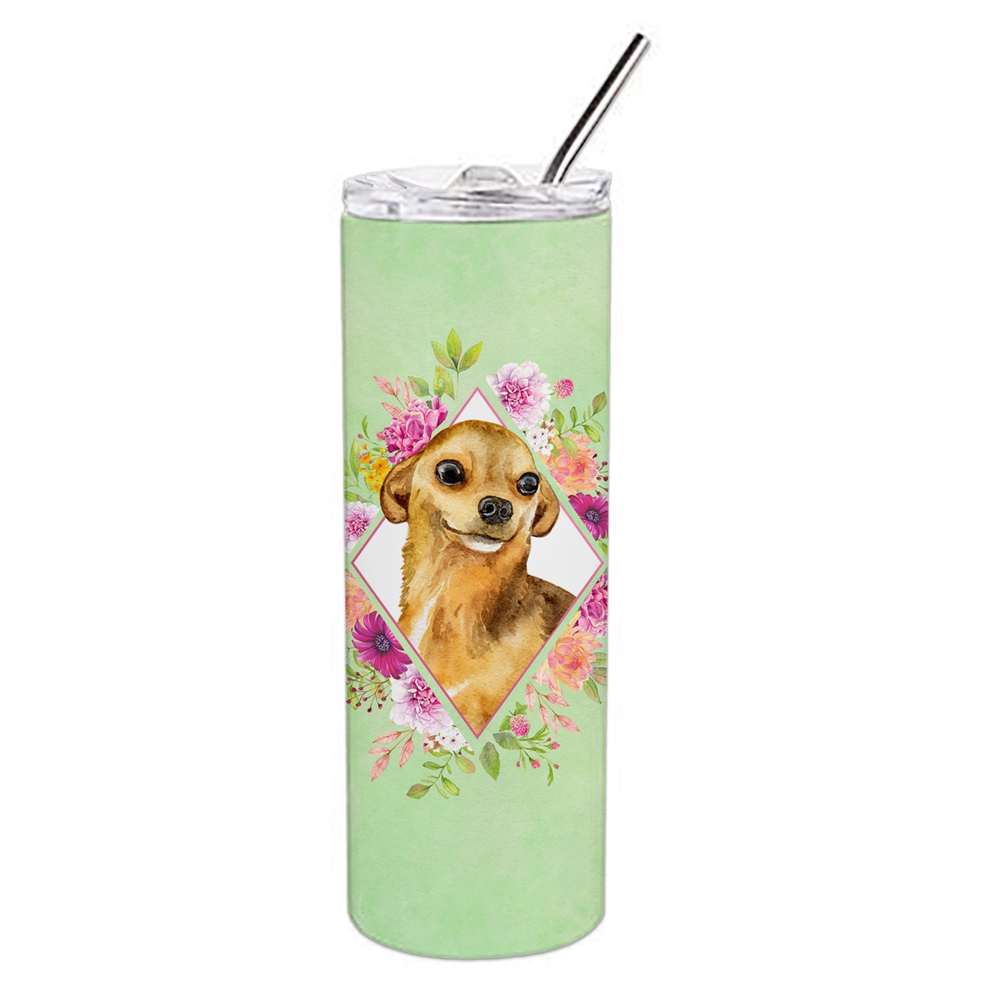 Caroline'S Treasures Chihuahua #1 Green Flowers Double Walled Stainless Steel 20 Oz Skinny Travel-Insulated-Tumblers, Multicol