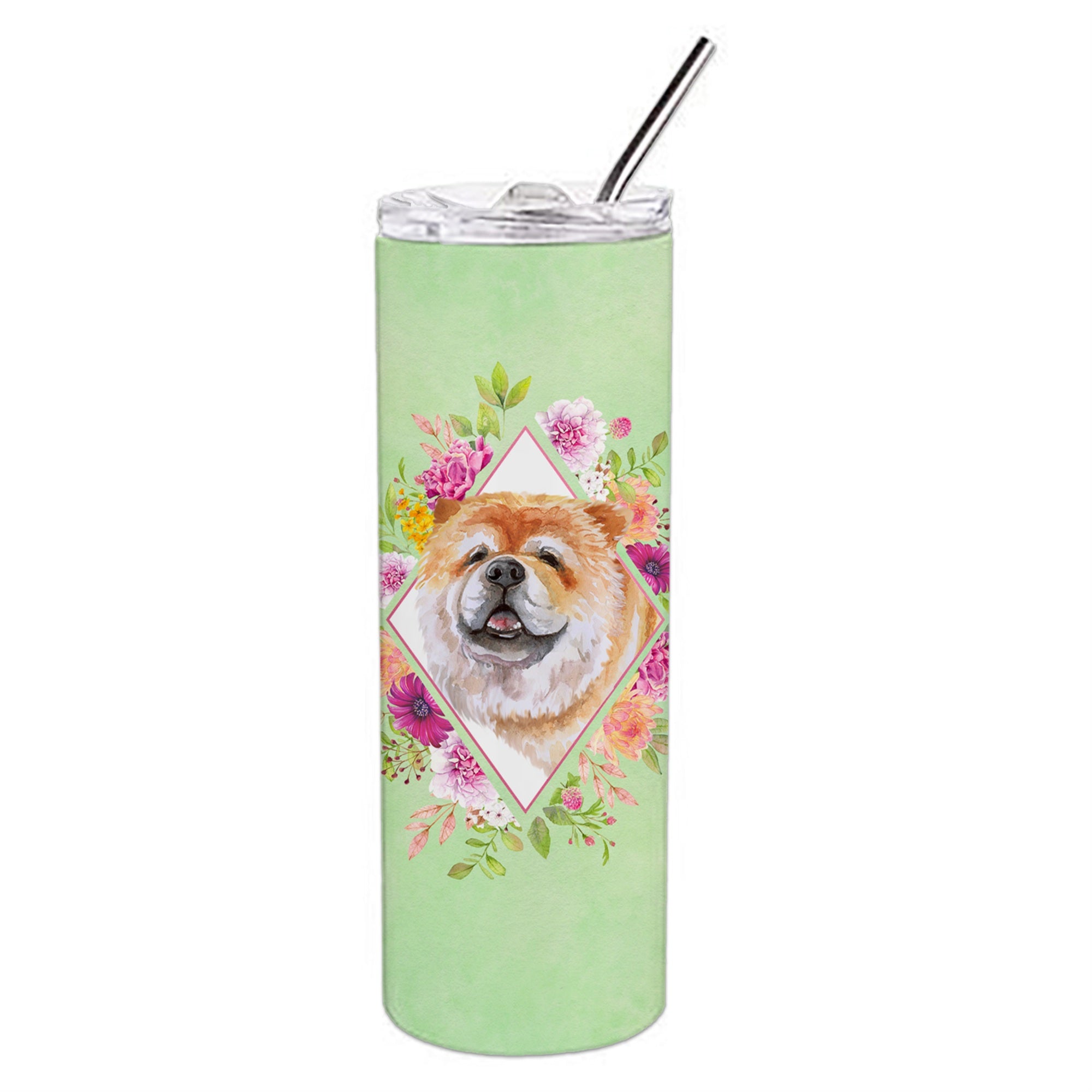 Caroline'S Treasures Chow #2 Green Flowers Double Walled Stainless Steel 20 Oz Skinny Travel-Insulated-Tumblers, Multicolor