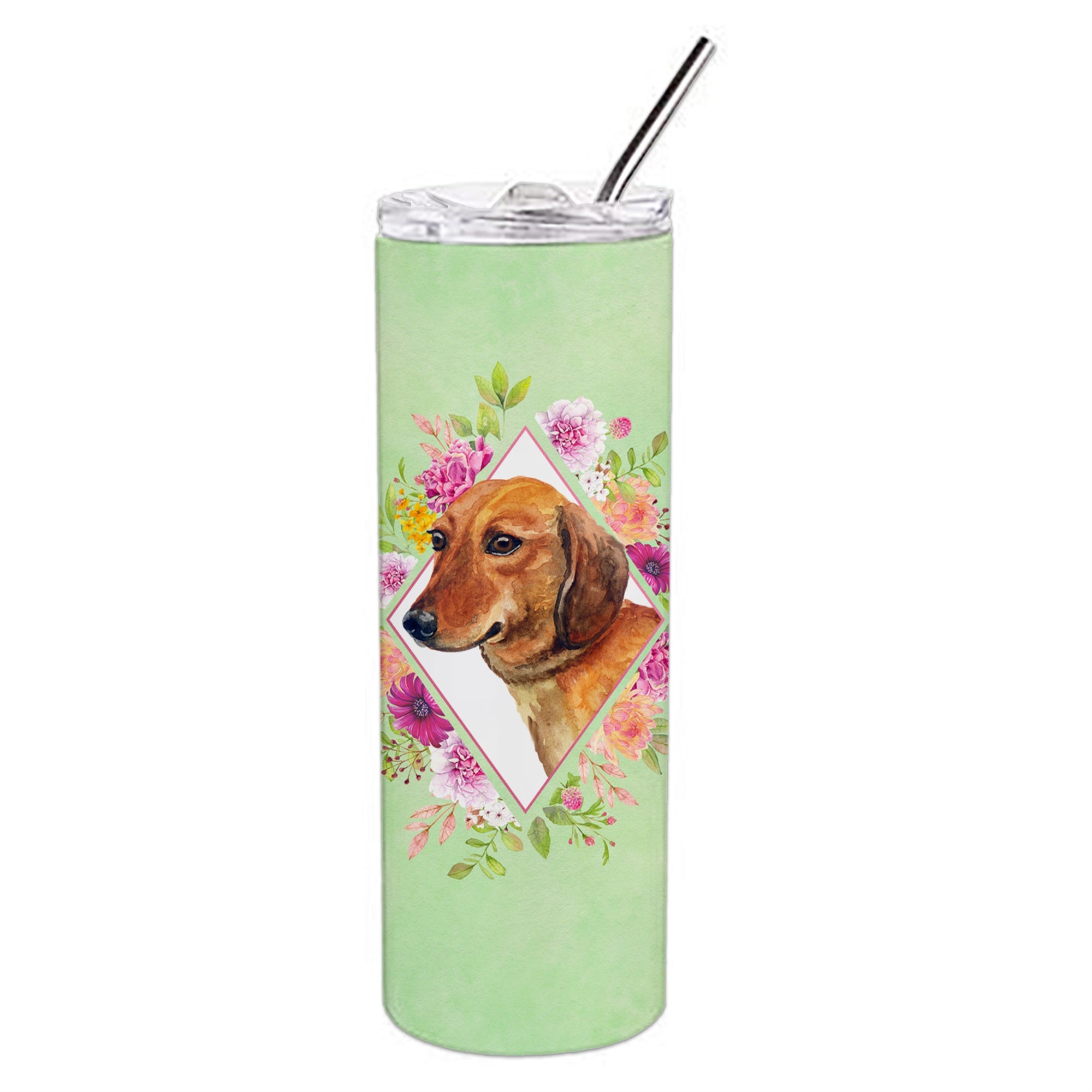 Caroline'S Treasures Dachshund Red #1 Green Flowers Double Walled Stainless Steel 20 Oz Skinny Travel-Insulated-Tumblers, Mult
