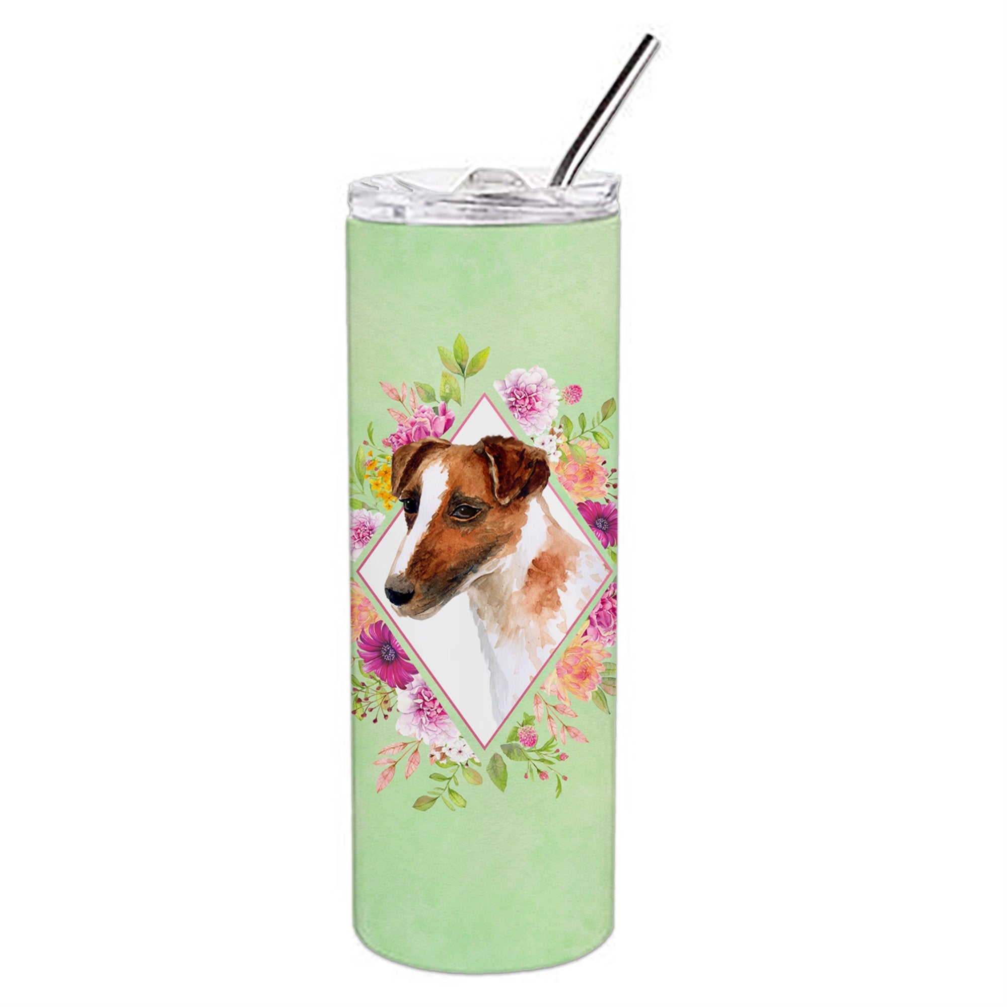 Caroline'S Treasures Jack Russell Terrier Green Flowers Double Walled Stainless Steel 20 Oz Skinny Travel-Insulated-Tumblers,