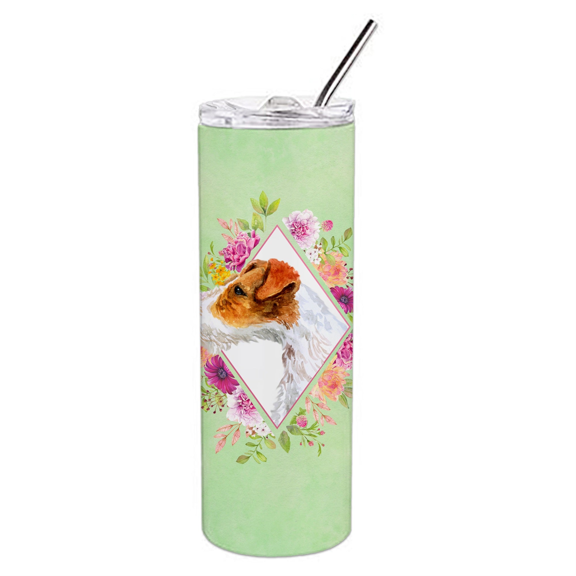 Caroline'S Treasures Jack Russell Terrier #2 Green Flowers Stainless Steel 20 Oz Skinny Travel-Insulated-Tumblers, Multicolor,