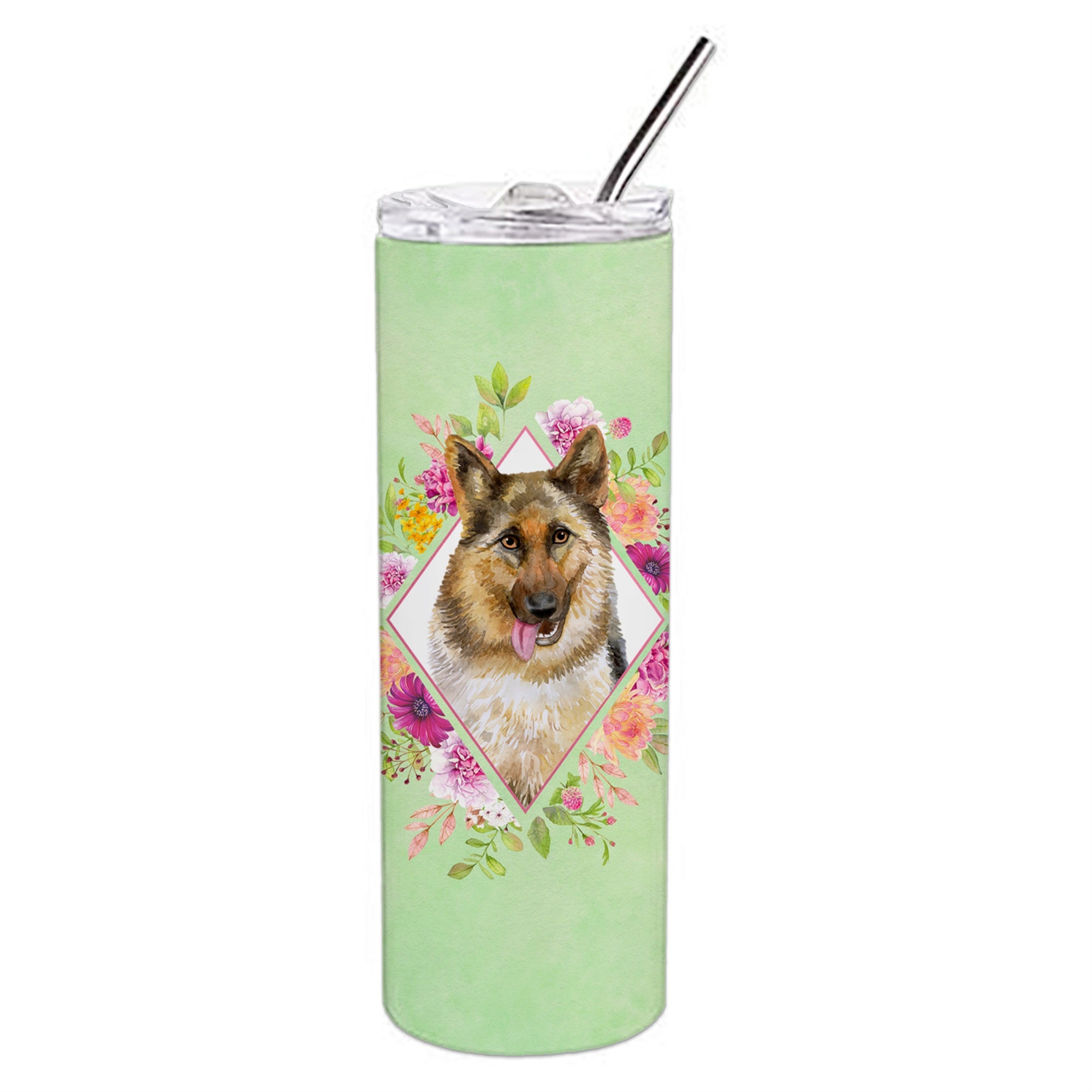 Caroline'S Treasures German Shepherd #1 Green Flowers Double Walled Stainless Steel 20 Oz Skinny Travel-Insulated-Tumblers, Mu