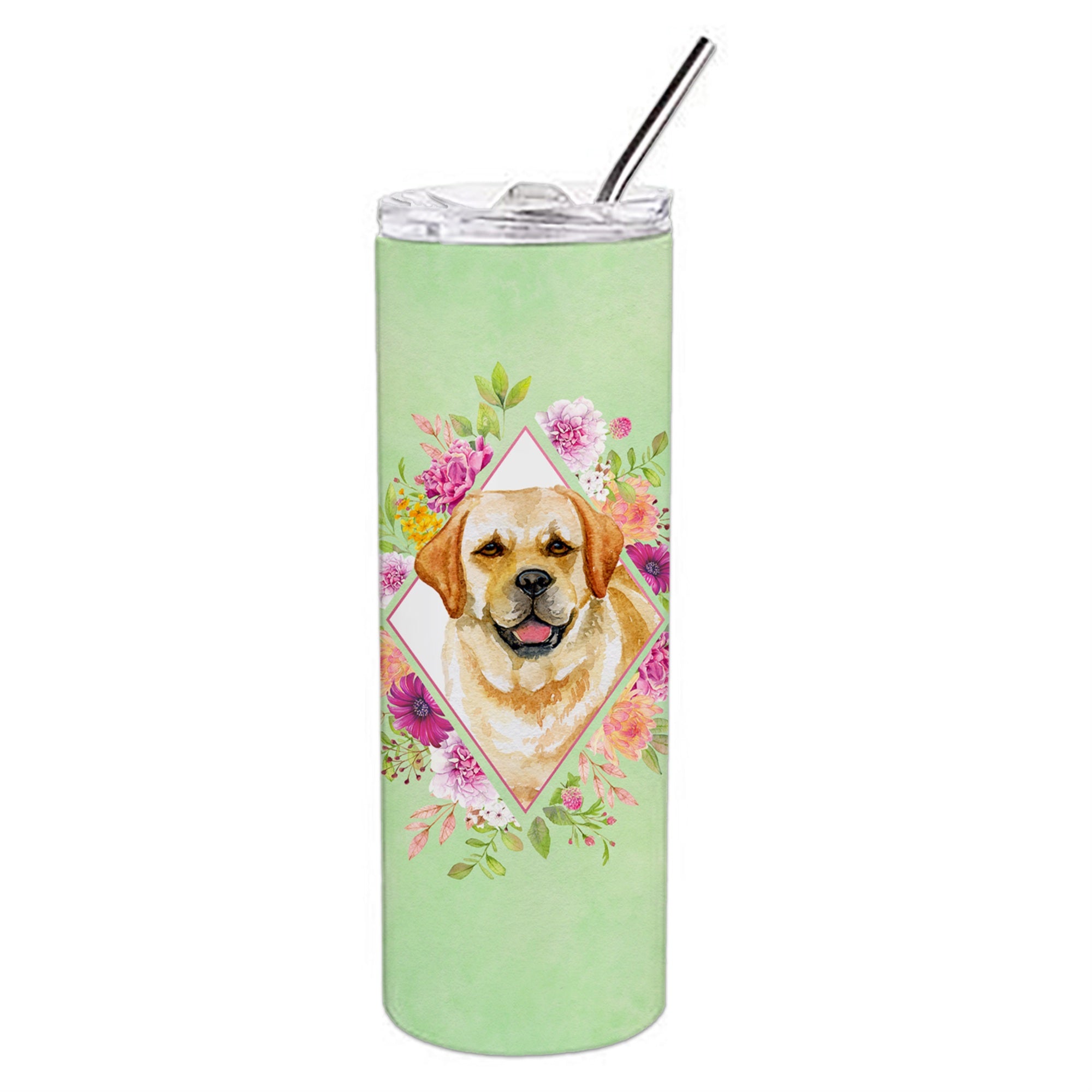 Caroline'S Treasures Golden Retriever Green Flowers Double Walled Stainless Steel 20 Oz Skinny Travel-Insulated-Tumblers, Mult