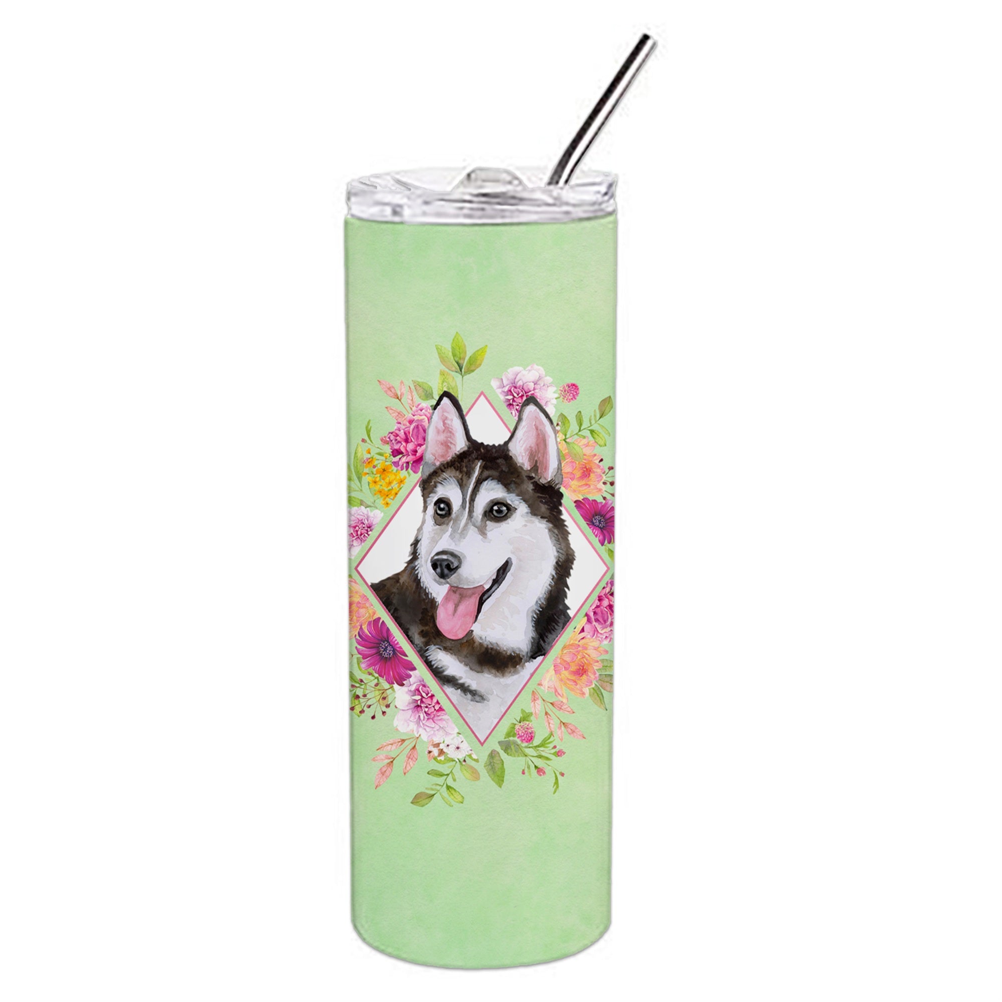 Caroline'S Treasures Siberian Husky #1 Green Flowers Double Walled Stainless Steel 20 Oz Skinny Travel-Insulated-Tumblers, Mul
