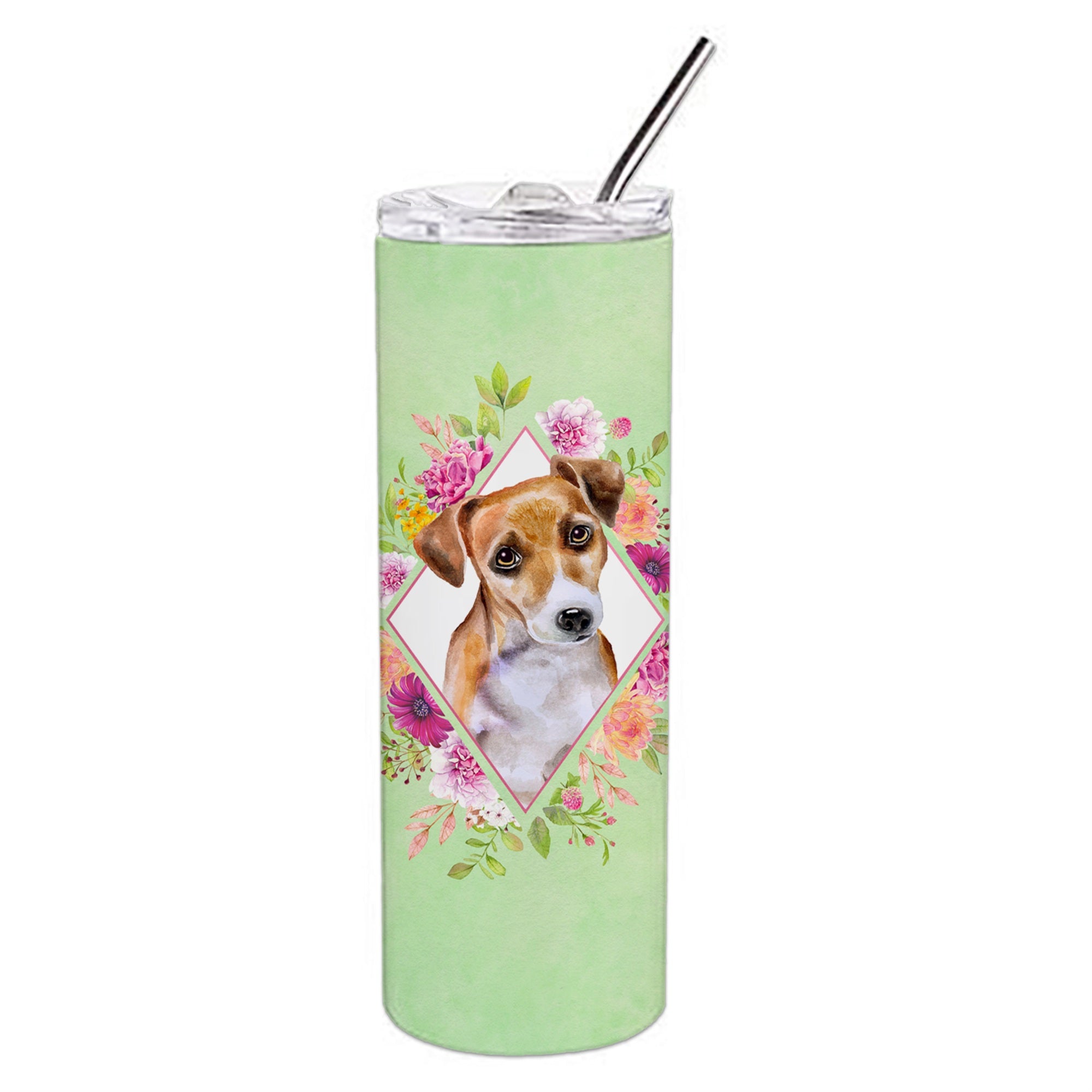 Caroline'S Treasures Jack Russell Terrier #1 Green Flowers Stainless Steel 20 Oz Skinny Travel-Insulated-Tumblers, Multicolor,