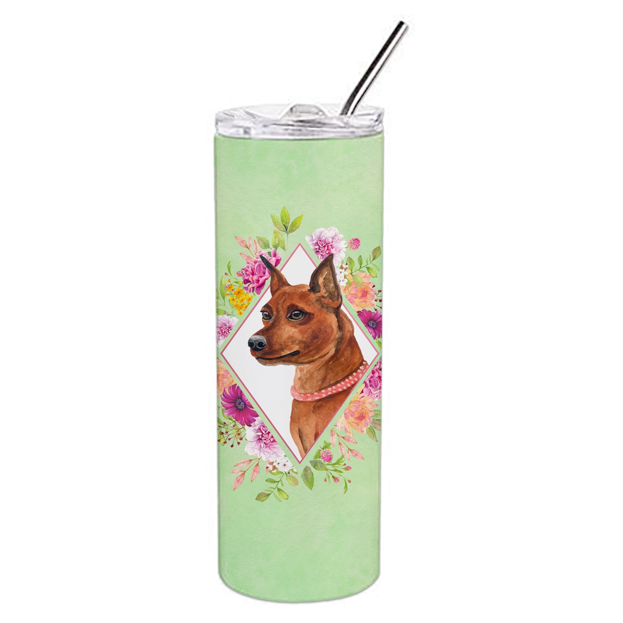 Caroline'S Treasures Miniature Pinscher Green Flowers Double Walled Stainless Steel 20 Oz Skinny Travel-Insulated-Tumblers, Mu