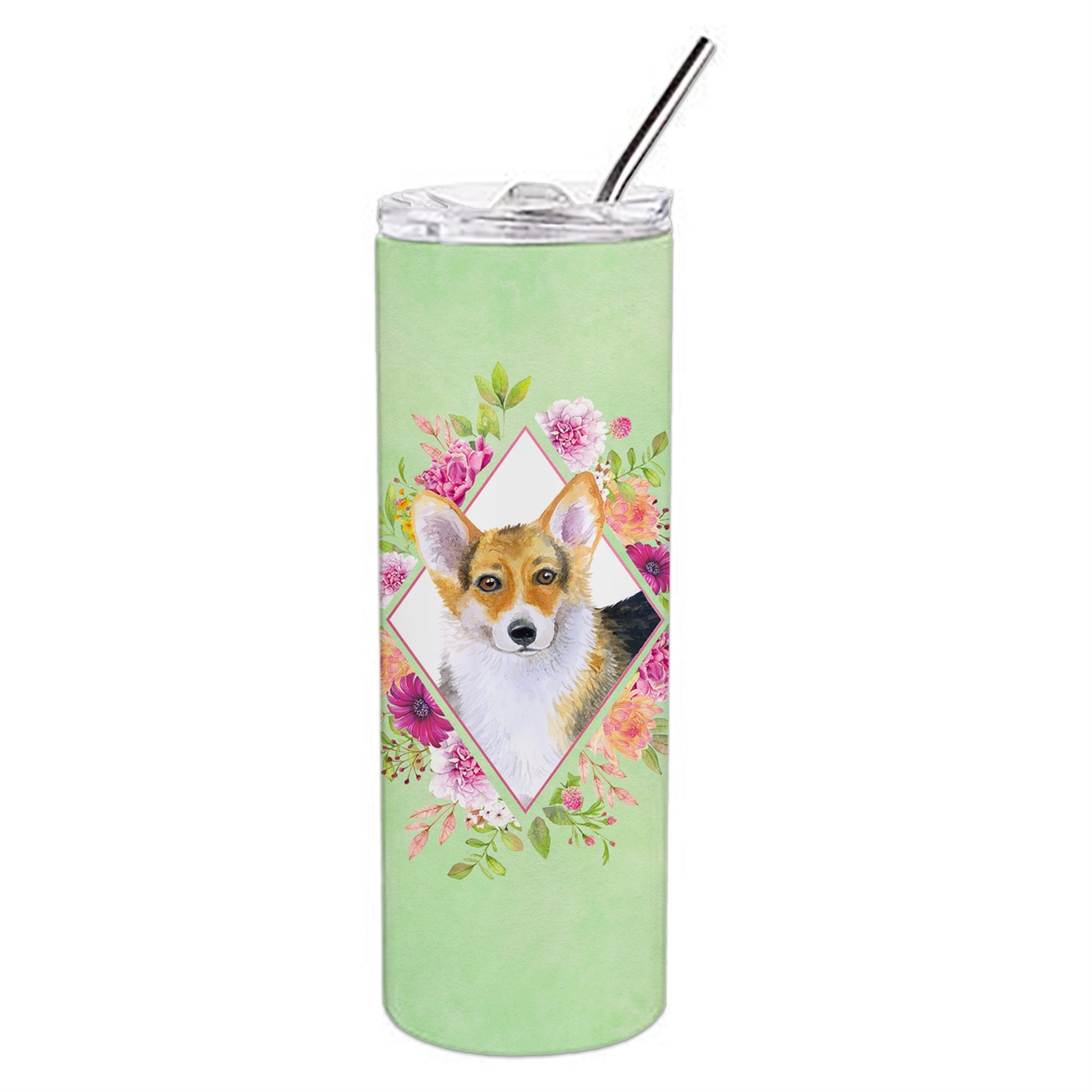 Caroline'S Treasures Corgi Green Flowers Double Walled Stainless Steel 20 Oz Skinny Travel-Insulated-Tumblers, Multicolor