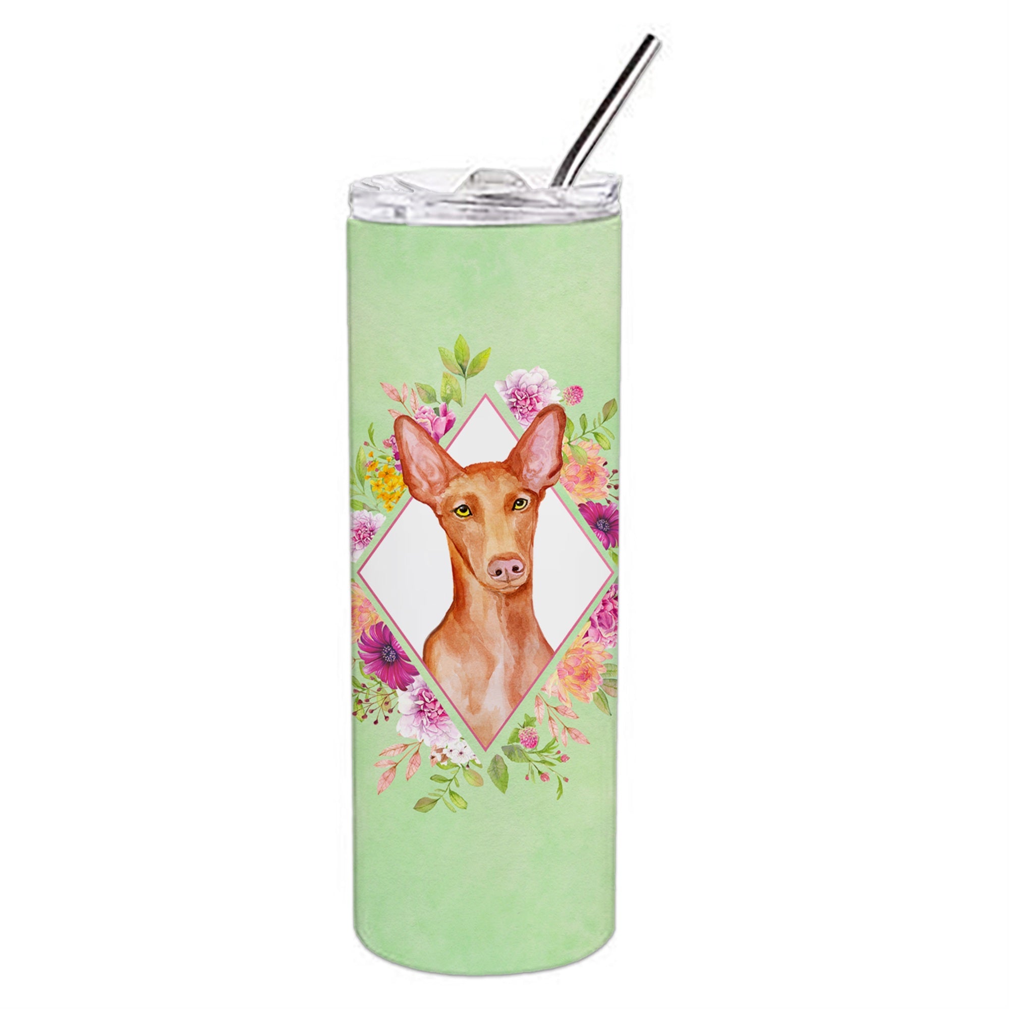 Caroline'S Treasures Pharaoh Hound Green Flowers Double Walled Stainless Steel 20 Oz Skinny Travel-Insulated-Tumblers, Multico