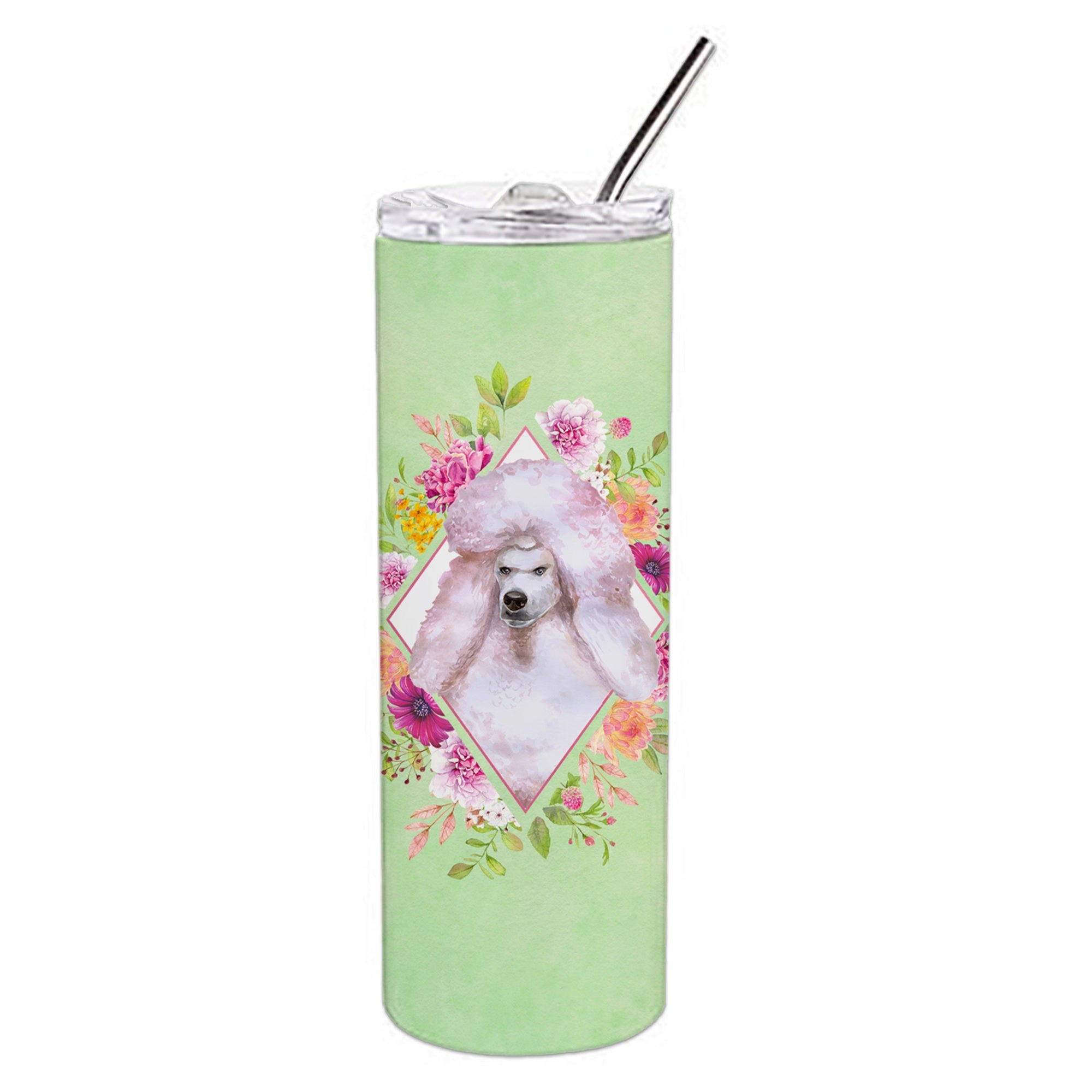 Caroline'S Treasures Standard White Poodle Green Flowers Stainless Steel 20 Oz Skinny Travel-Insulated-Tumblers, Multicolor
