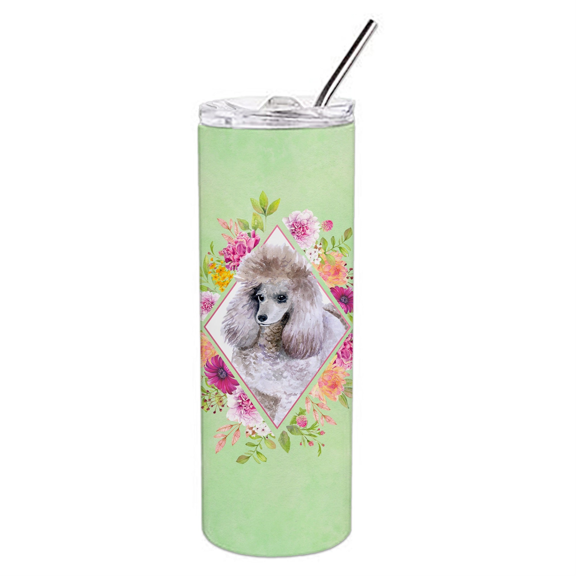Caroline'S Treasures Standard Grey Poodle Green Flowers Double Walled Stainless Steel 20 Oz Skinny Travel-Insulated-Tumblers,