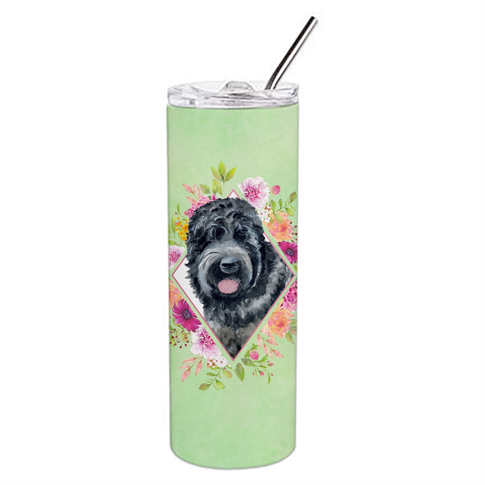 Caroline'S Treasures Russian Black Terrier Green Flowers Stainless Steel 20 Oz Skinny Travel-Insulated-Tumblers, Multicolor