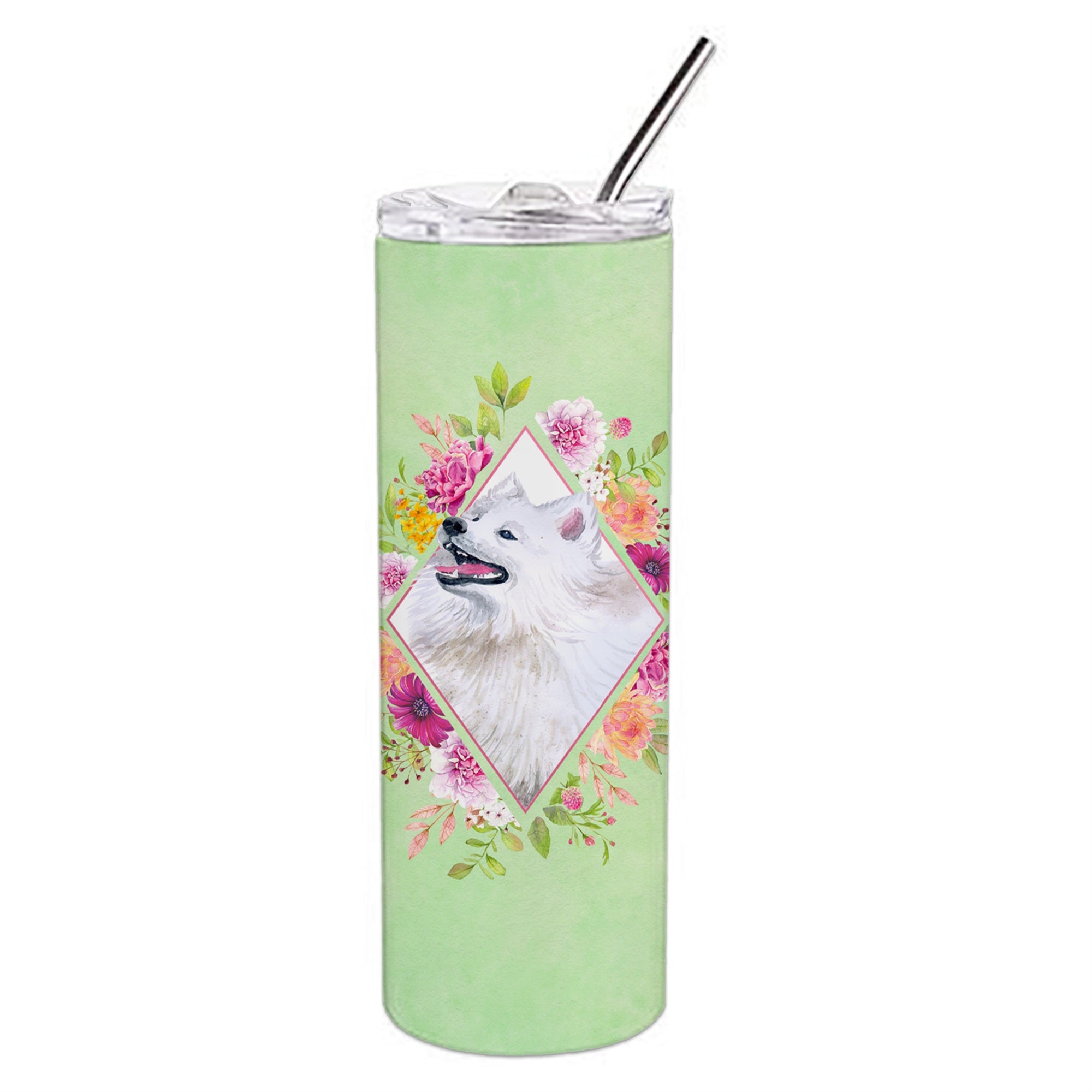 Caroline'S Treasures Samoyed Green Flowers Double Walled Stainless Steel 20 Oz Skinny Travel-Insulated-Tumblers, Multicolor