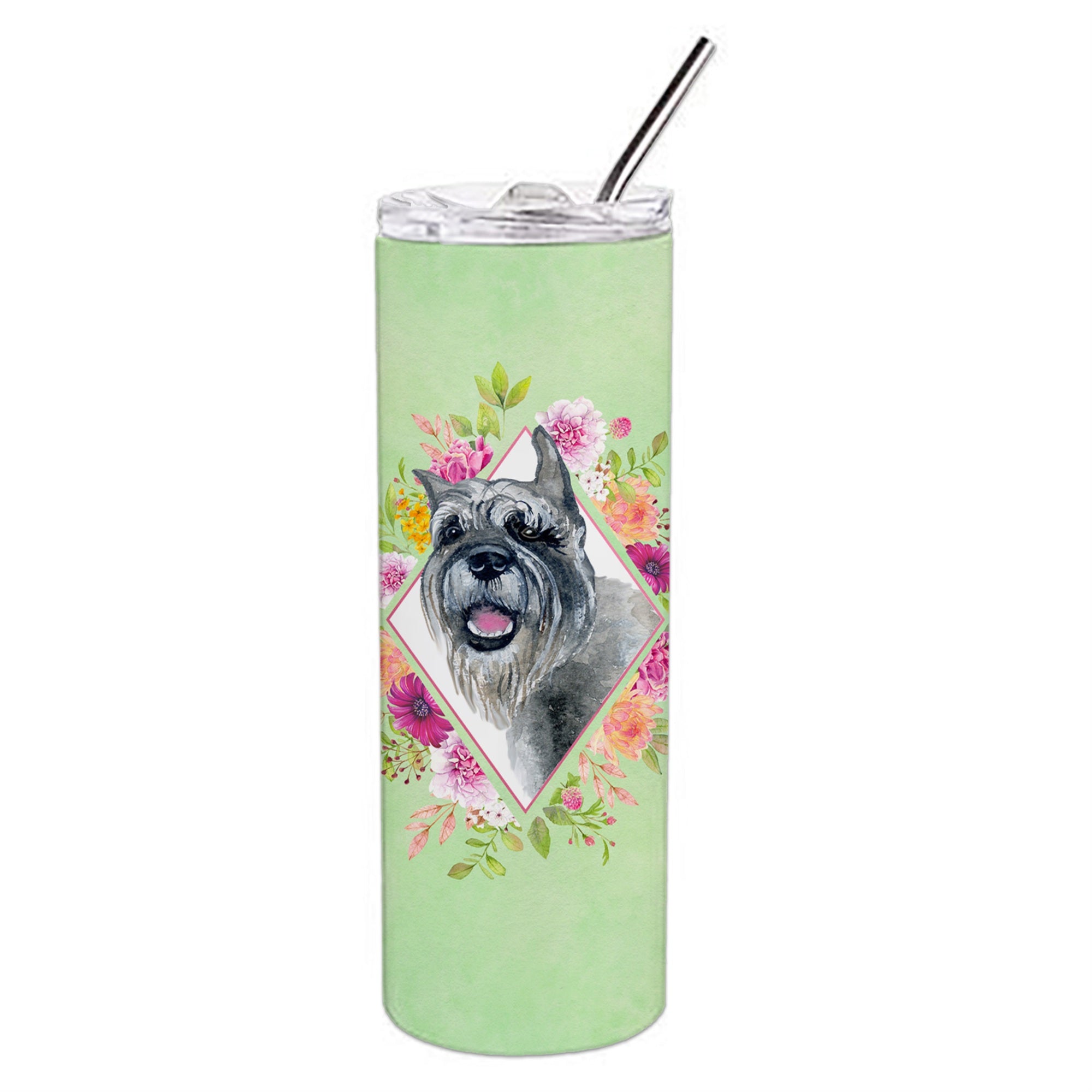 Caroline'S Treasures Schnauzer Green Flowers Double Walled Stainless Steel 20 Oz Skinny Travel-Insulated-Tumblers, Multicolor,