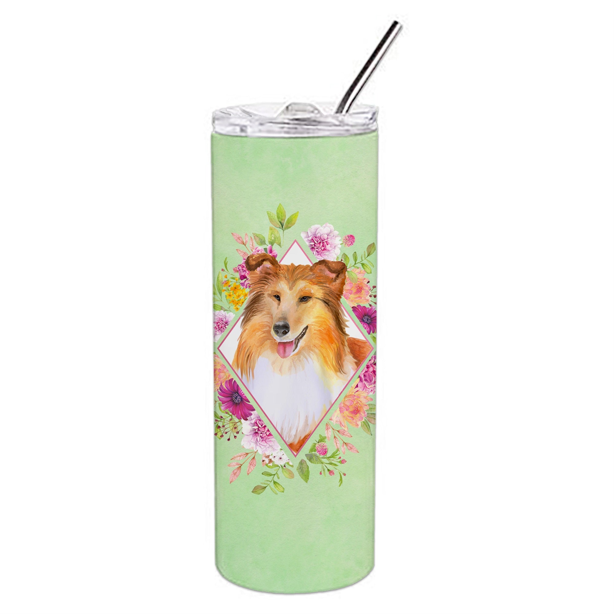 Caroline'S Treasures Sheltie Green Flowers Stainless Steel 20 Oz Skinny Travel-Insulated-Tumblers, Multicolor