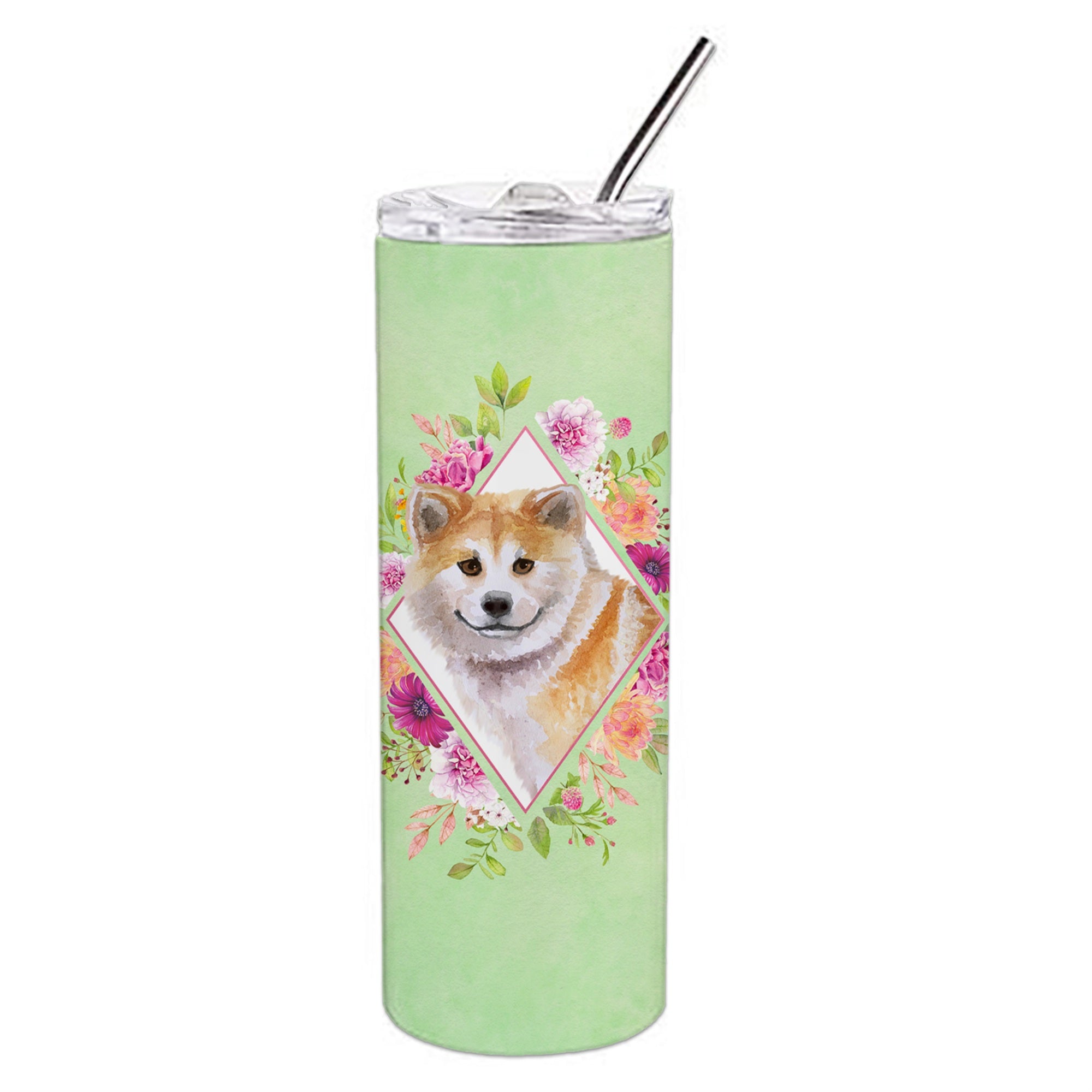 Caroline'S Treasures Shiba Inu Green Flowers Double Walled Stainless Steel 20 Oz Skinny Travel-Insulated-Tumblers, Multicolor,