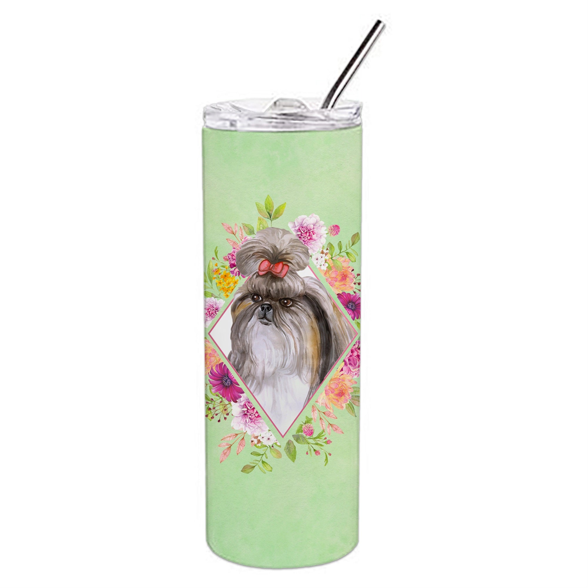 Caroline'S Treasures Shih Tzu Green Flowers Double Walled Stainless Steel 20 Oz Skinny Travel-Insulated-Tumblers, Multicolor