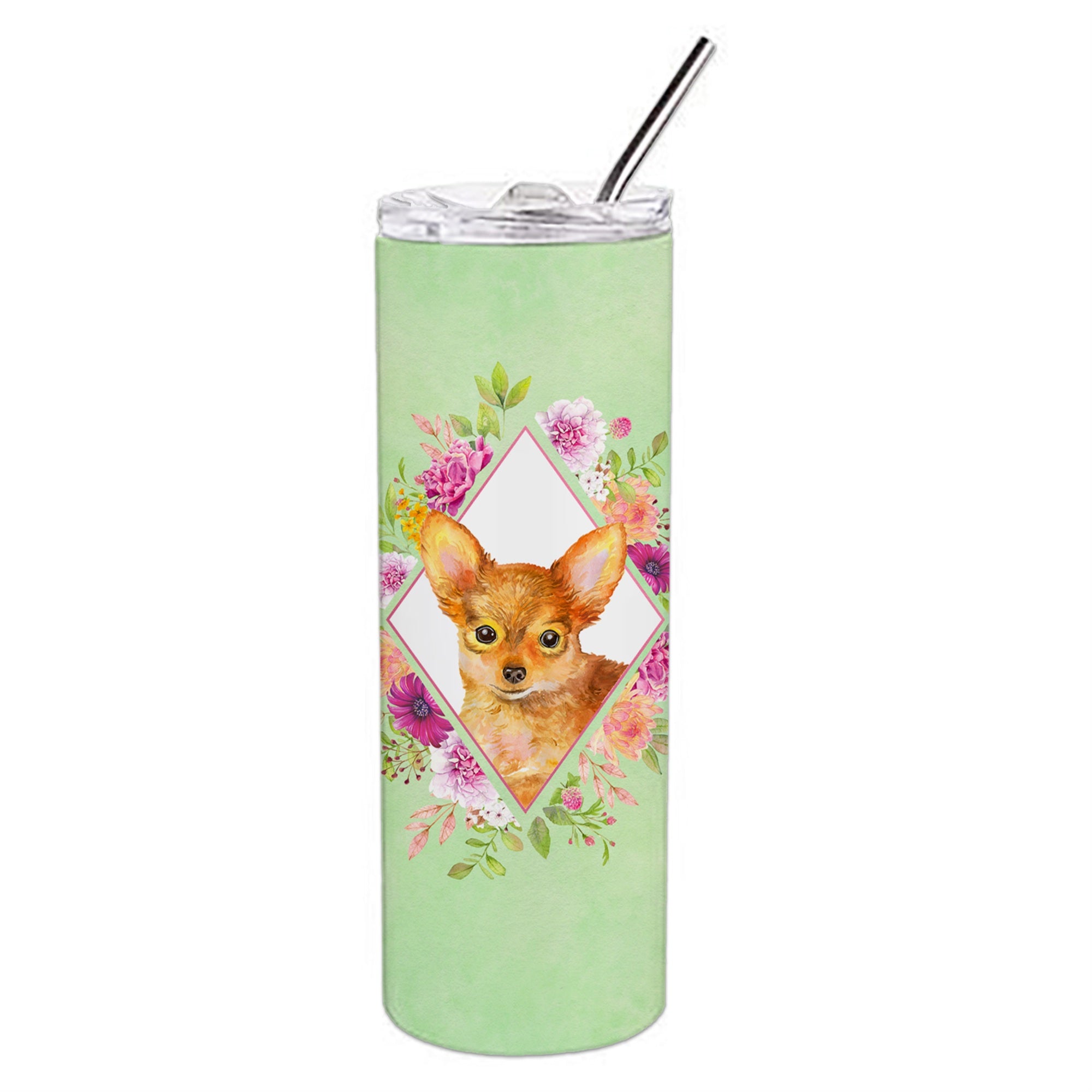 Caroline'S Treasures Toy Terrier Green Flowers Double Walled Stainless Steel 20 Oz Skinny Travel-Insulated-Tumblers, Multicolo