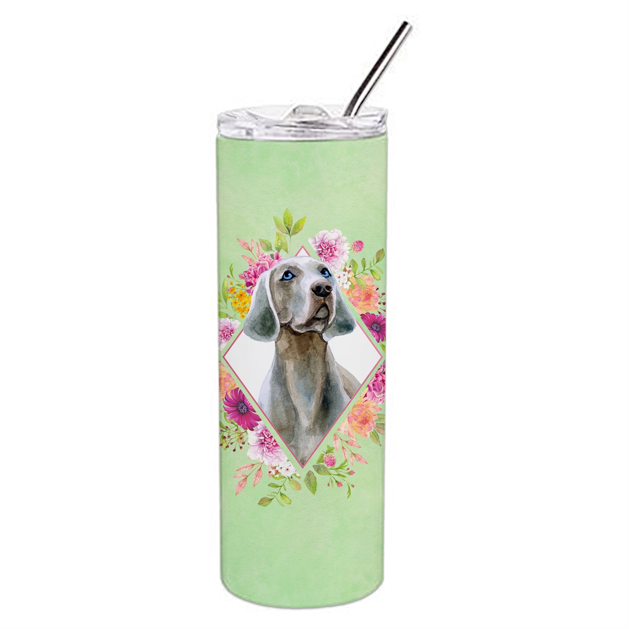 Caroline'S Treasures Weimaraner Green Flowers Double Walled Stainless Steel 20 Oz Skinny Travel-Insulated-Tumblers, Multicolor