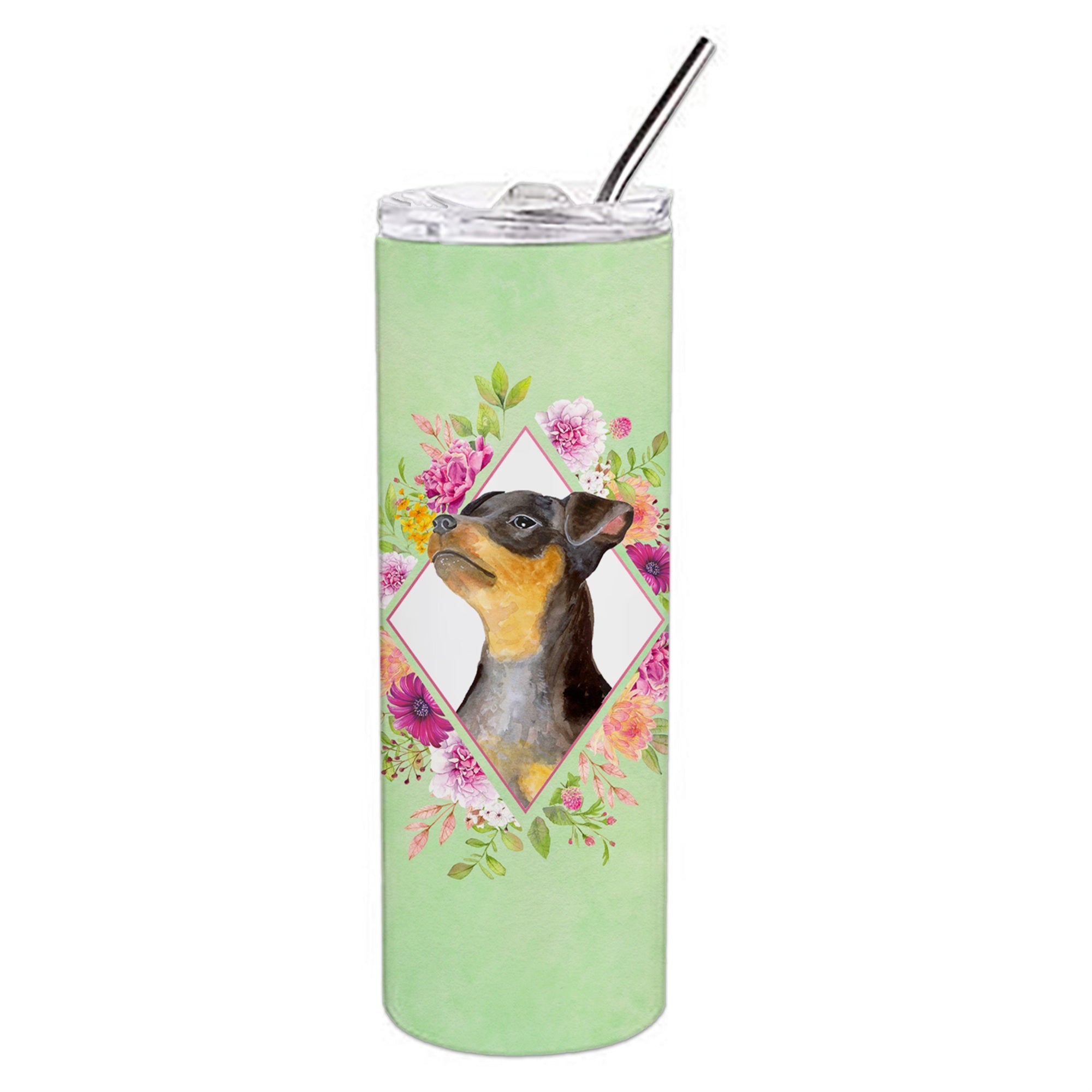 Caroline'S Treasures Black Min Pin Green Flowers Stainless Steel 20 Oz Skinny Travel-Insulated-Tumblers, Multicolor