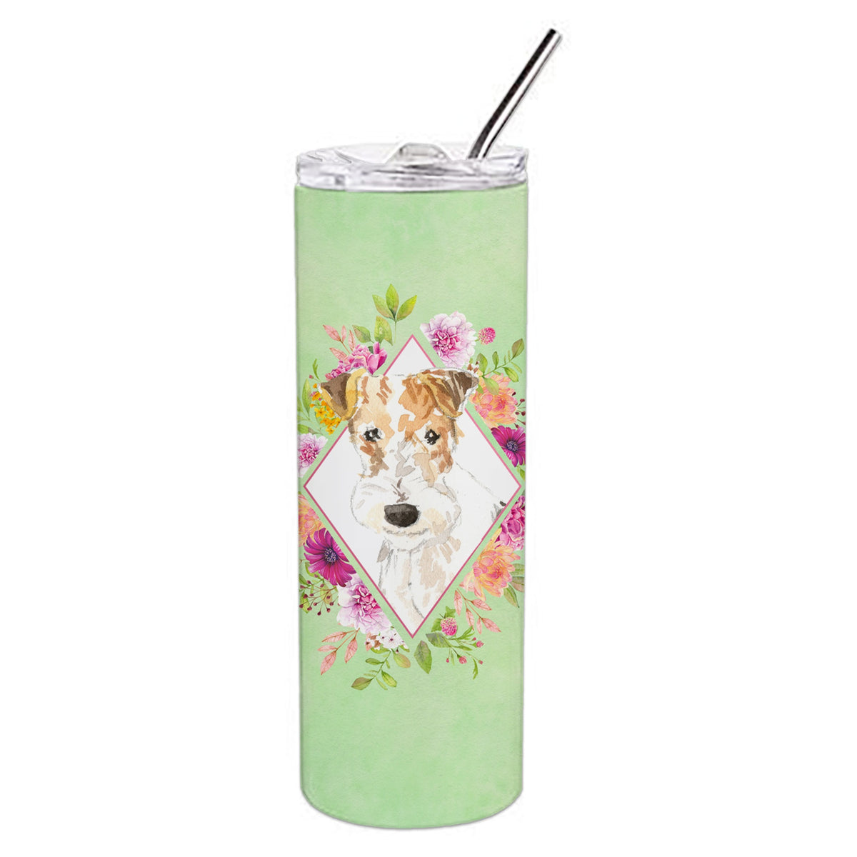 Caroline'S Treasures Fox Terrier Green Flowers Double Walled Stainless Steel 20 Oz Skinny Travel-Insulated-Tumblers, Multicolo