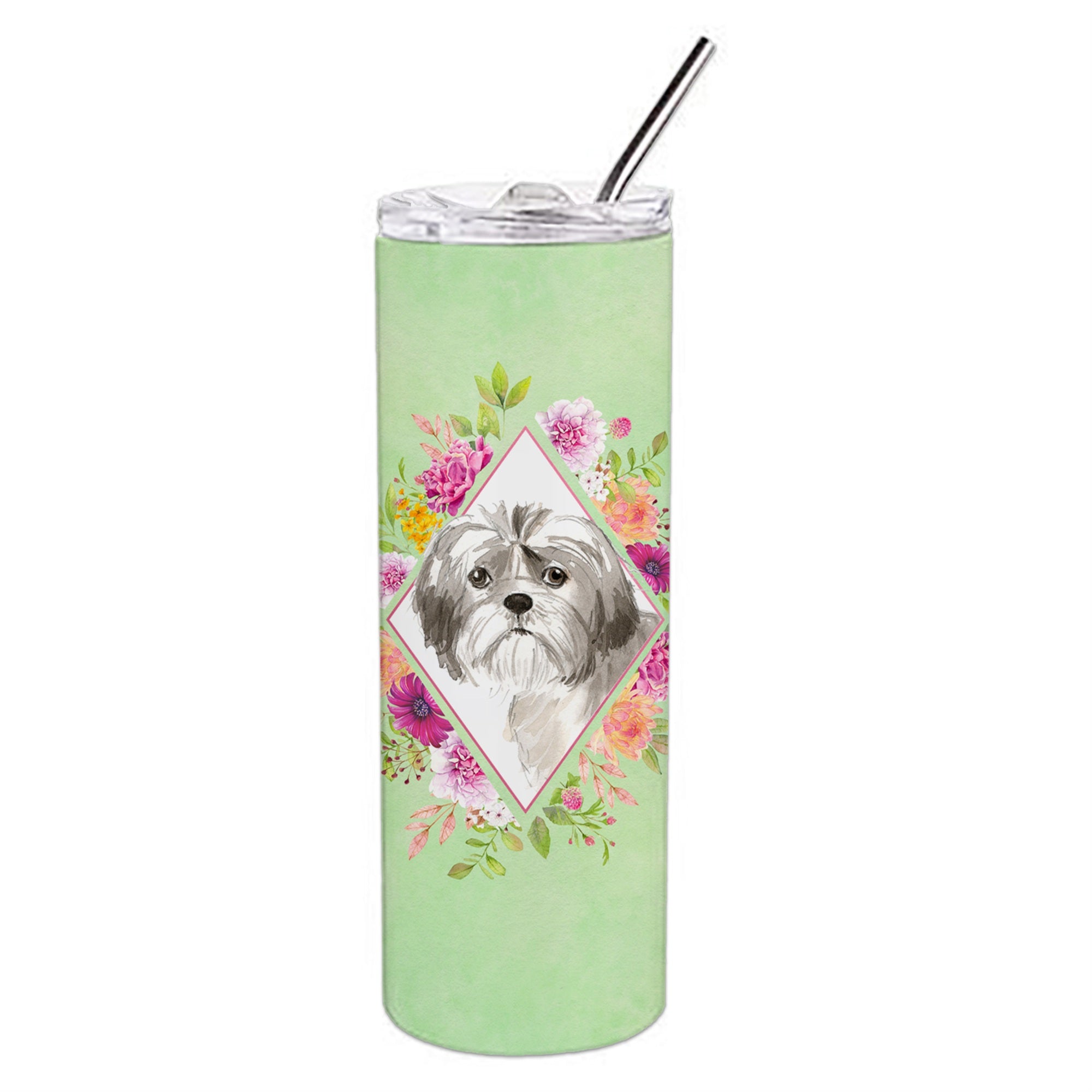 Caroline'S Treasures Shih Tzu Puppy Green Flowers Double Walled Stainless Steel 20 Oz Skinny Travel-Insulated-Tumblers, Multic