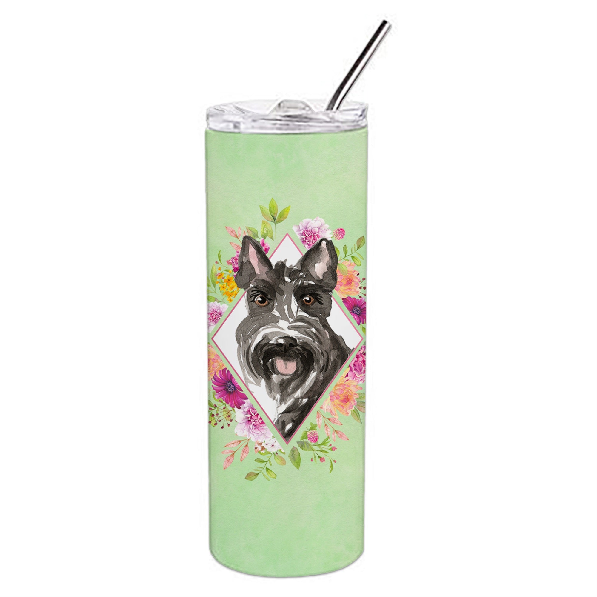 Caroline'S Treasures Scottish Terrier Green Flowers Double Walled Stainless Steel 20 Oz Skinny Travel-Insulated-Tumblers, Mult