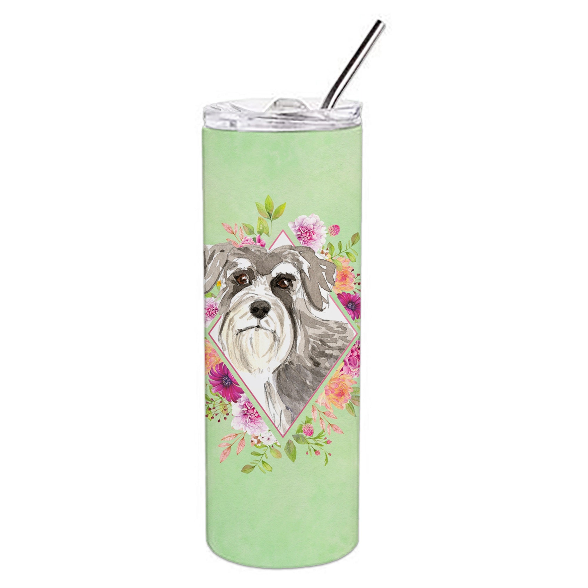 Caroline'S Treasures Schnauzer #1 Green Flowers Double Walled Stainless Steel 20 Oz Skinny Travel-Insulated-Tumblers, Multicol