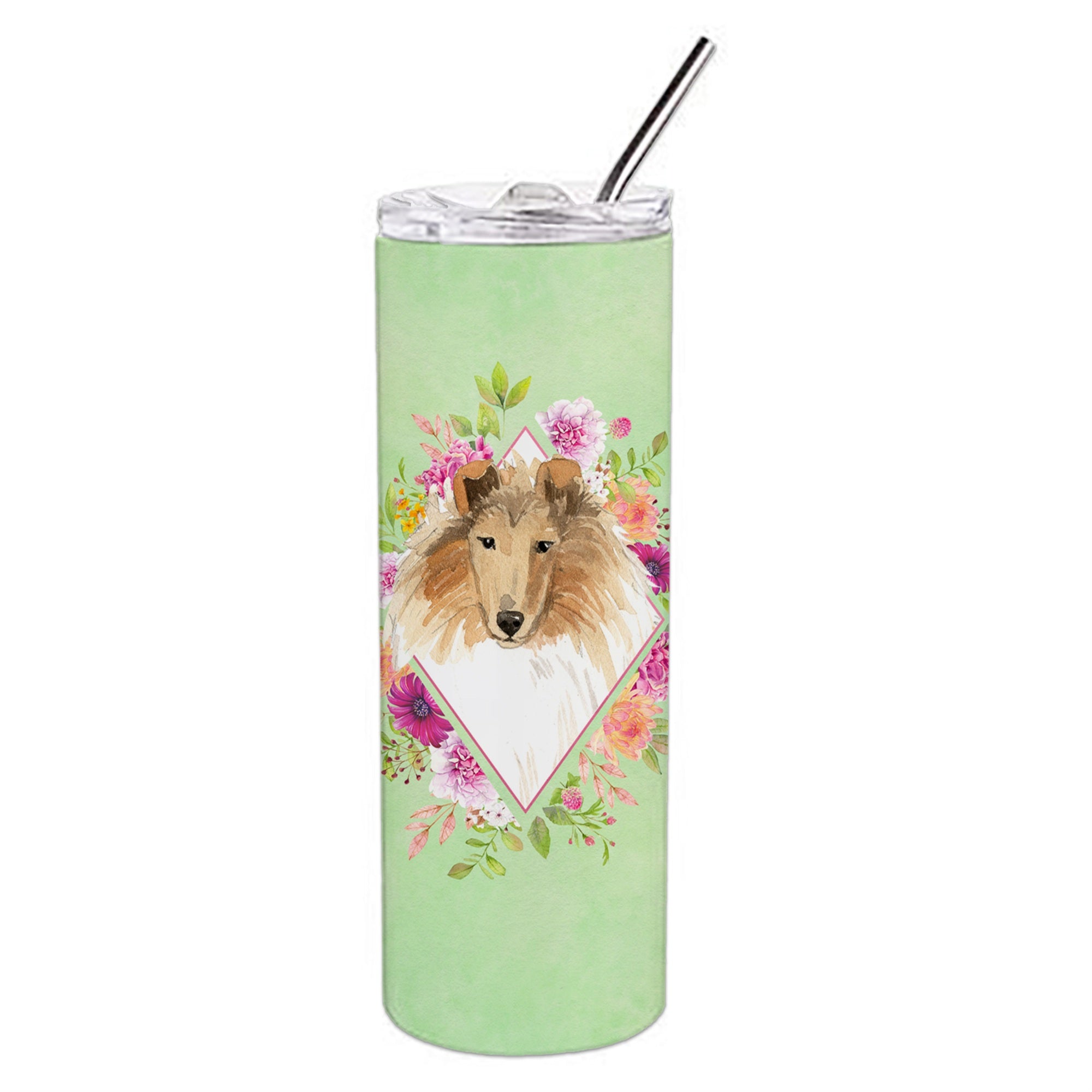 Caroline'S Treasures Collie Green Flowers Double Walled Stainless Steel 20 Oz Skinny Travel-Insulated-Tumblers, Multicolor