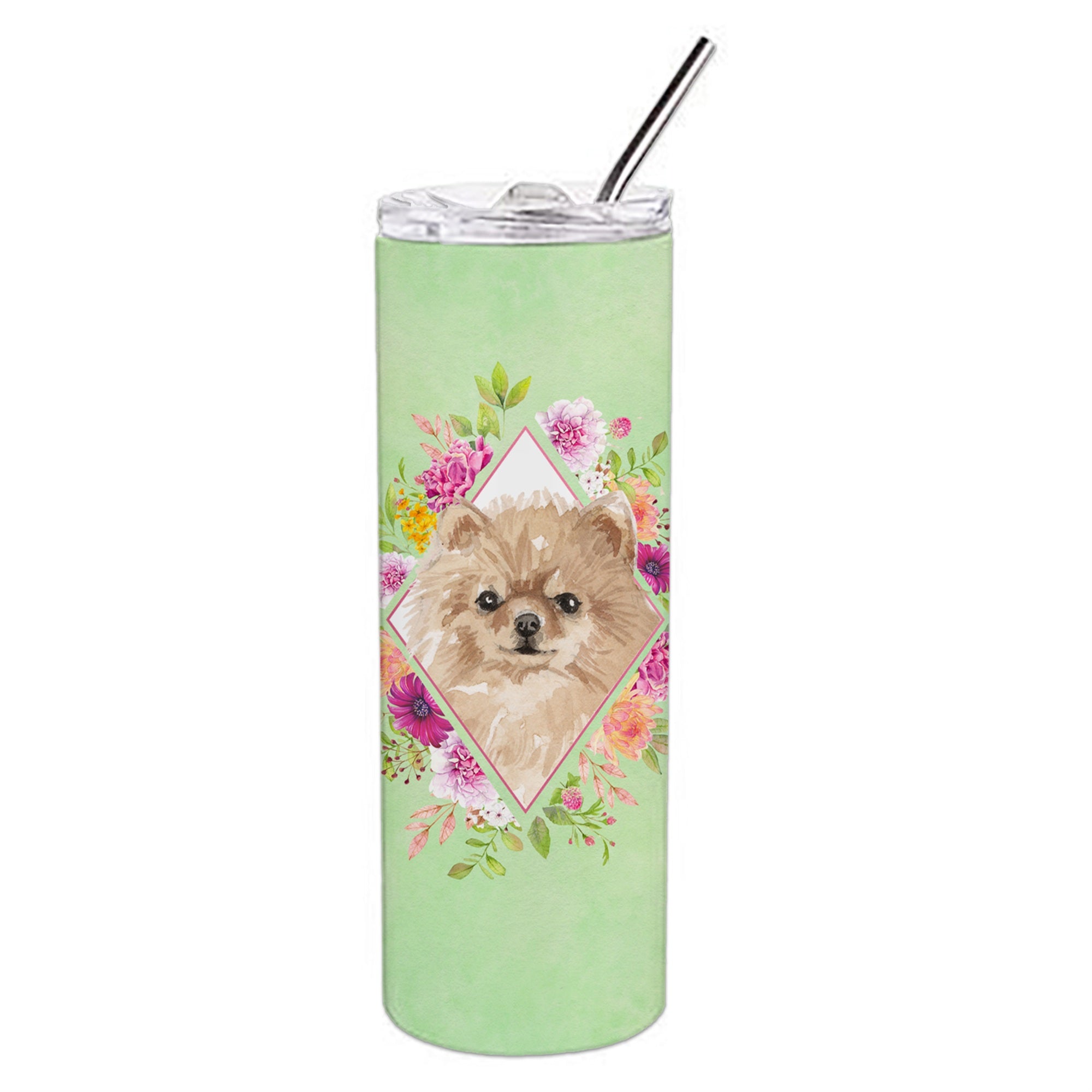 Caroline'S Treasures Pomeranian Green Flowers Double Walled Stainless Steel 20 Oz Skinny Travel-Insulated-Tumblers, Multicolor