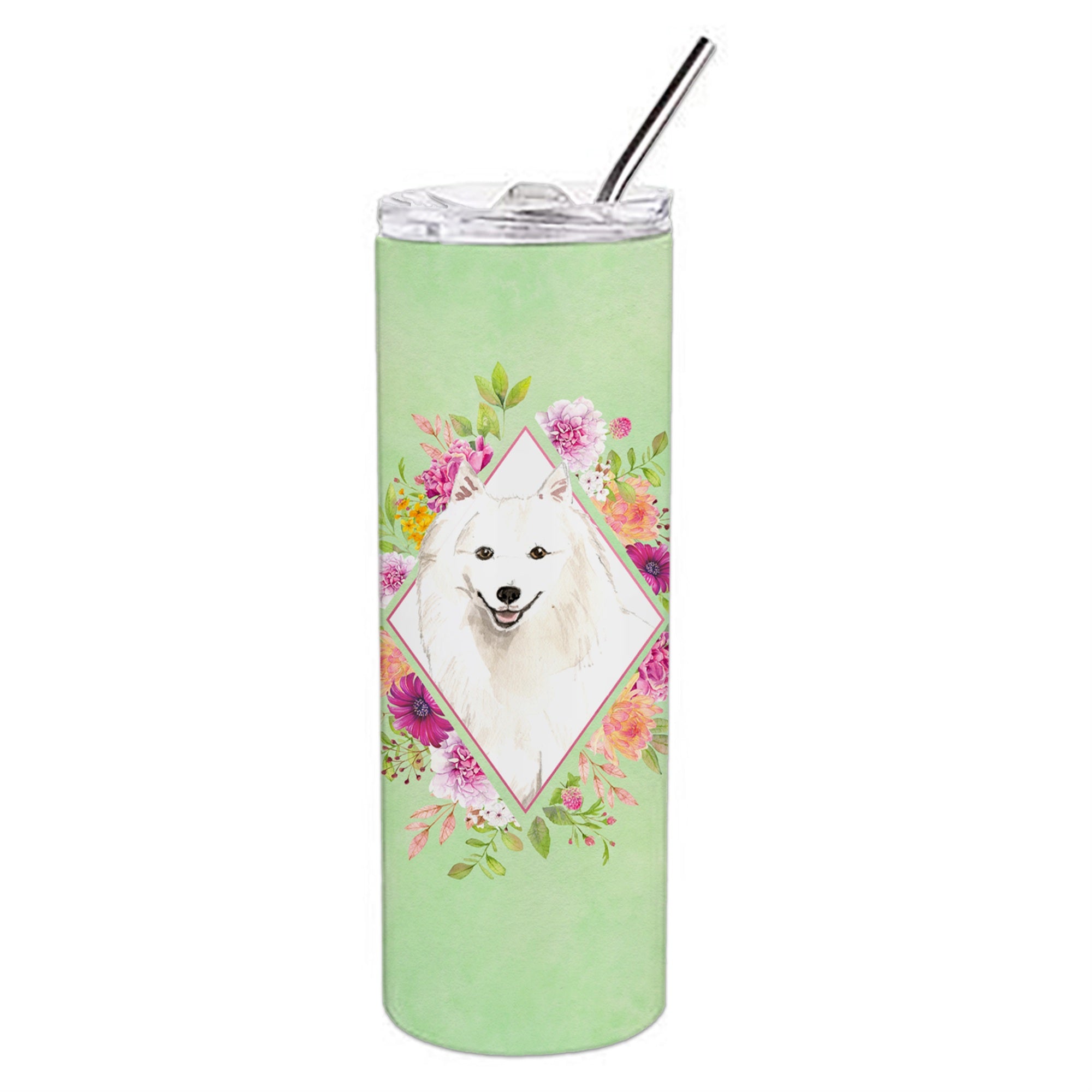 Caroline'S Treasures Japanese Spitz Green Flowers Double Walled Stainless Steel 20 Oz Skinny Travel-Insulated-Tumblers, Multic