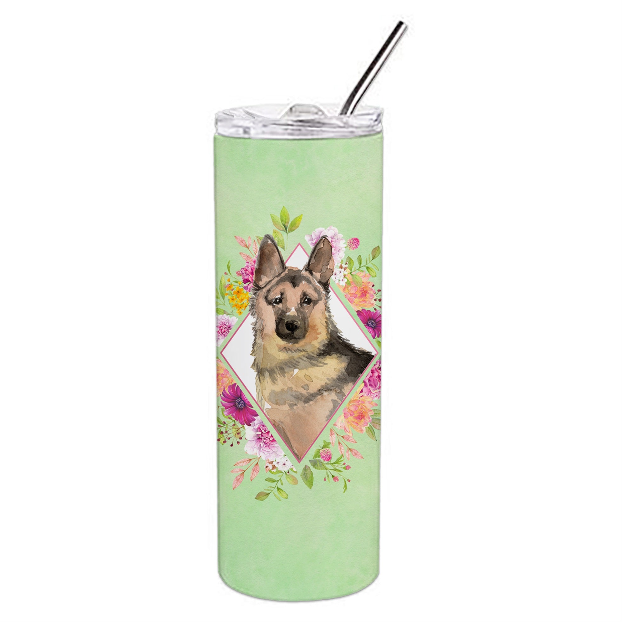 Caroline'S Treasures German Shepherd Green Flowers Double Walled Stainless Steel 20 Oz Skinny Travel-Insulated-Tumblers, Multi